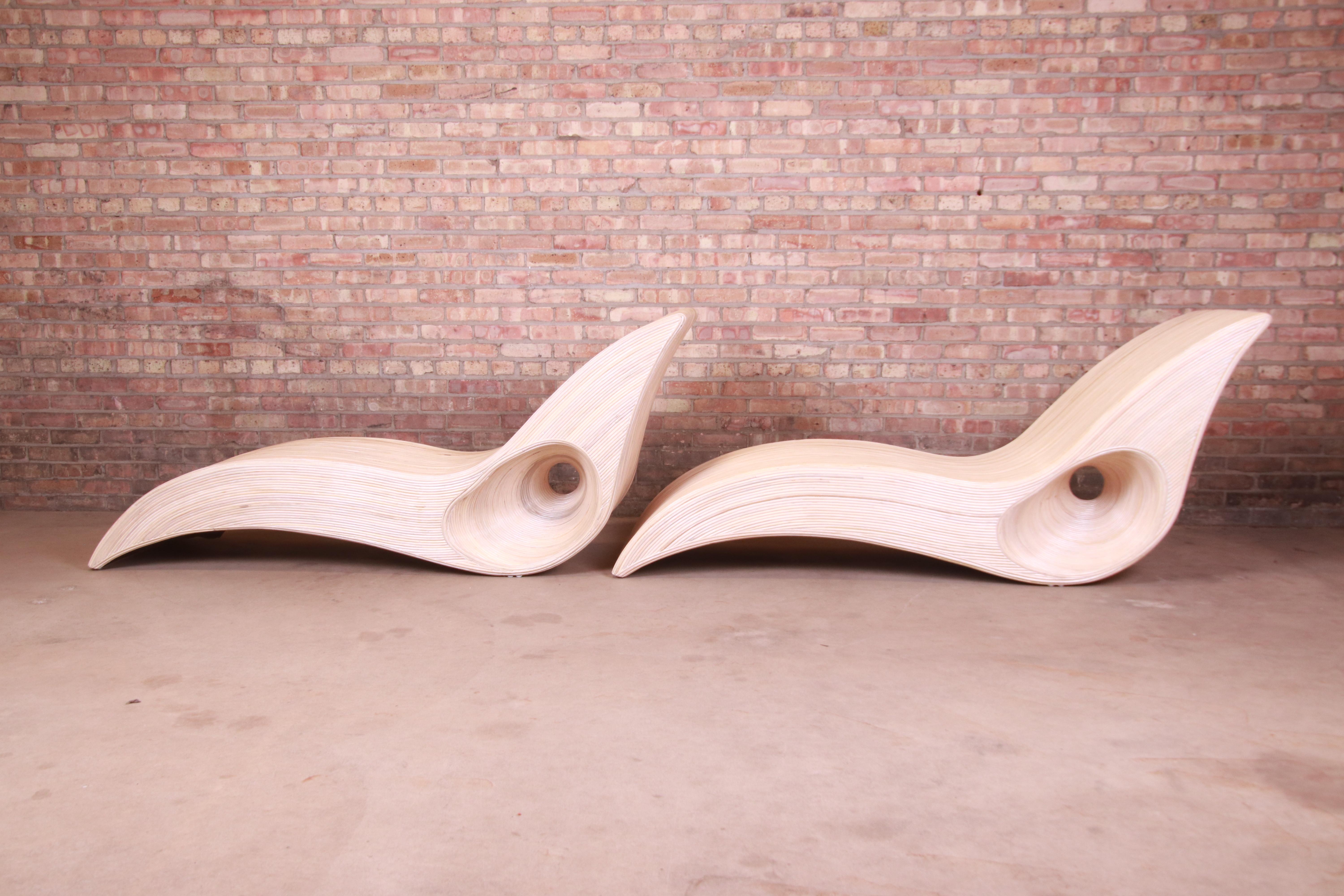 Betty Cobonpue Sculptural Split Reed Rattan Chaise Lounges, Pair For Sale 1