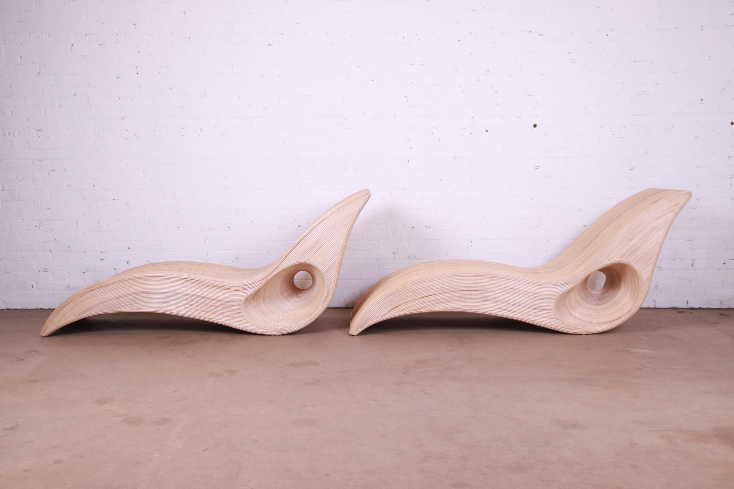 Betty Cobonpue Sculptural Split Reed Rattan Chaise Lounges, Pair For Sale 1
