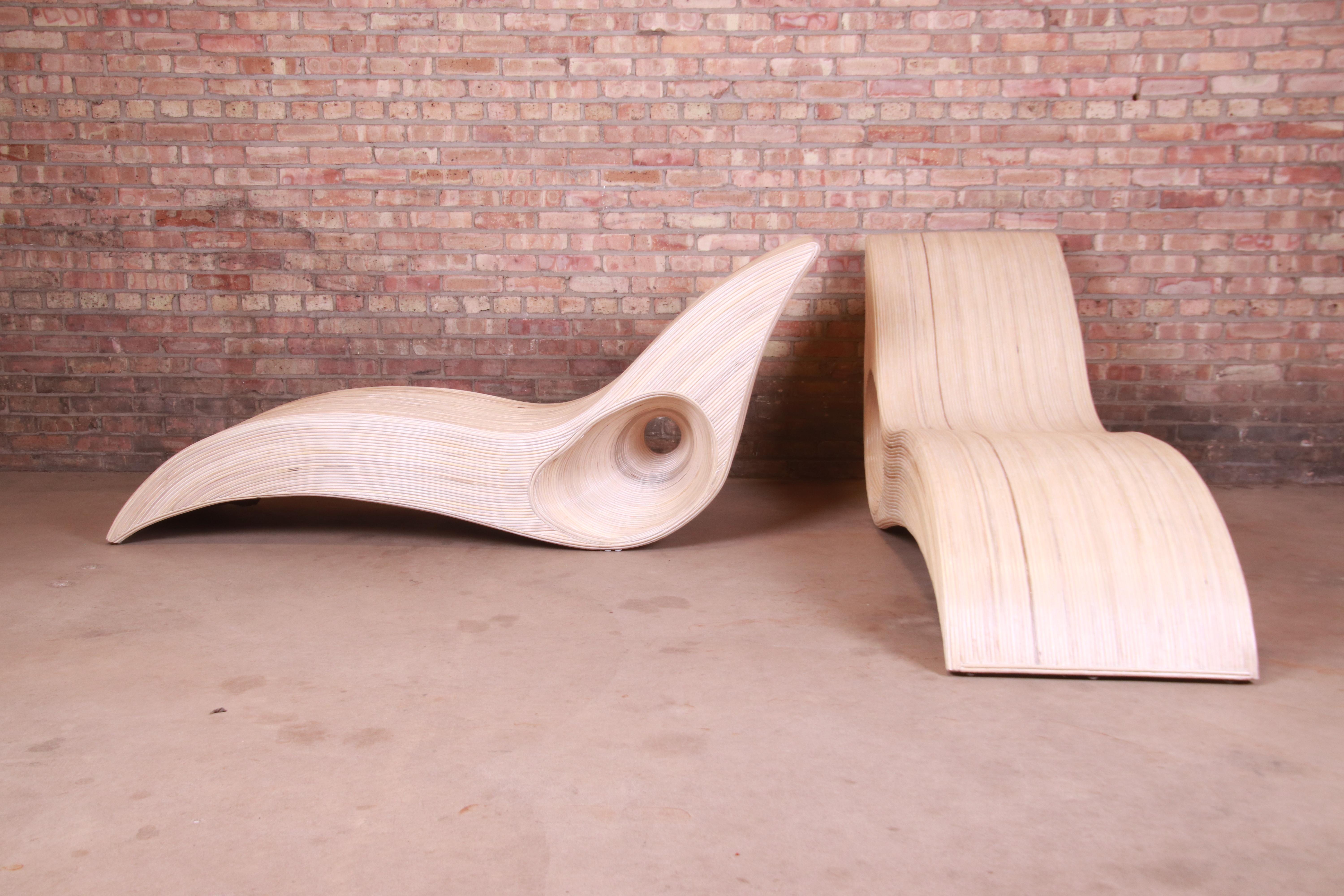 Betty Cobonpue Sculptural Split Reed Rattan Chaise Lounges, Pair For Sale 2