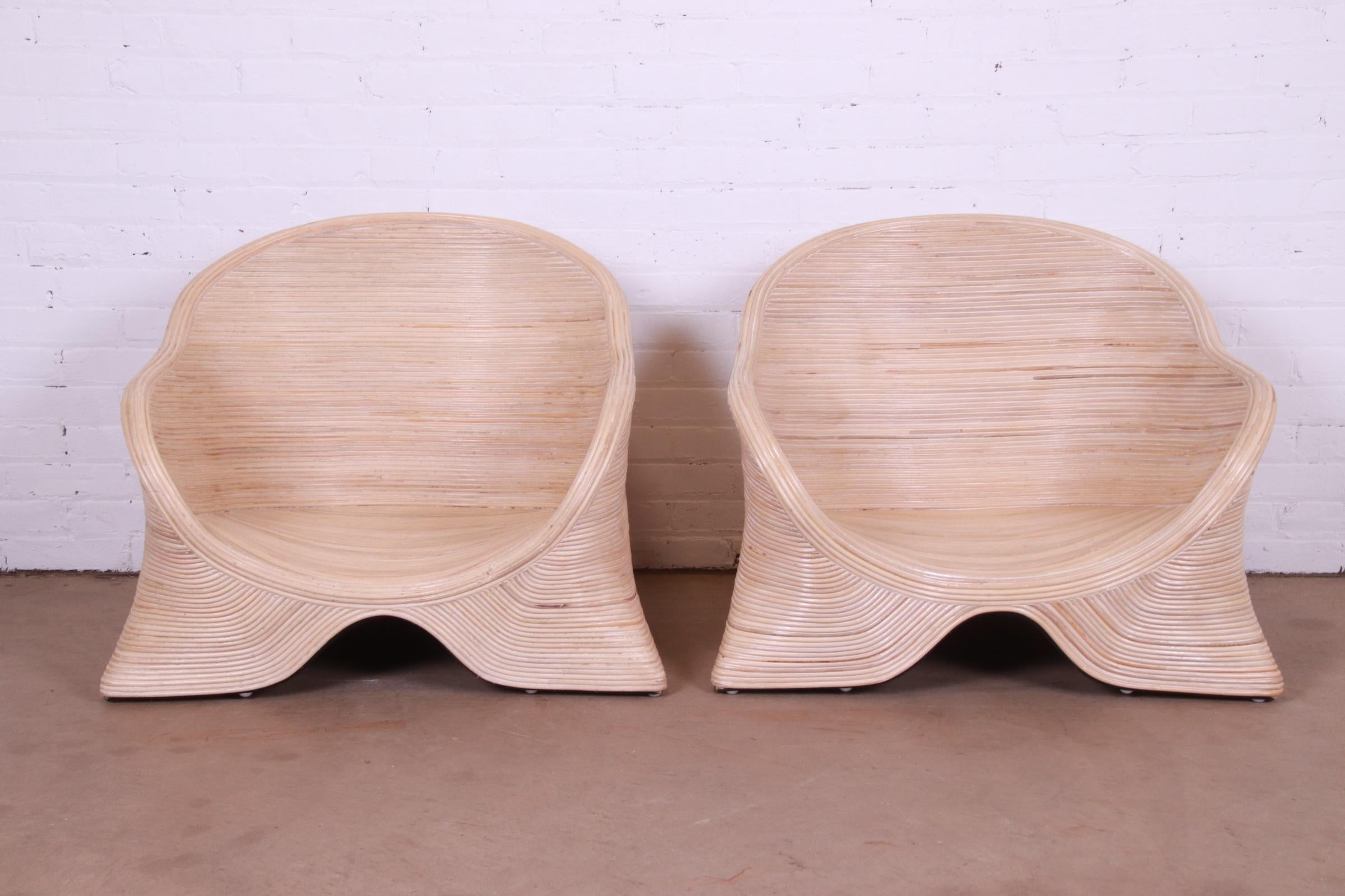 Organic Modern Betty Cobonpue Sculptural Split Reed Rattan Lounge Chairs, Pair For Sale
