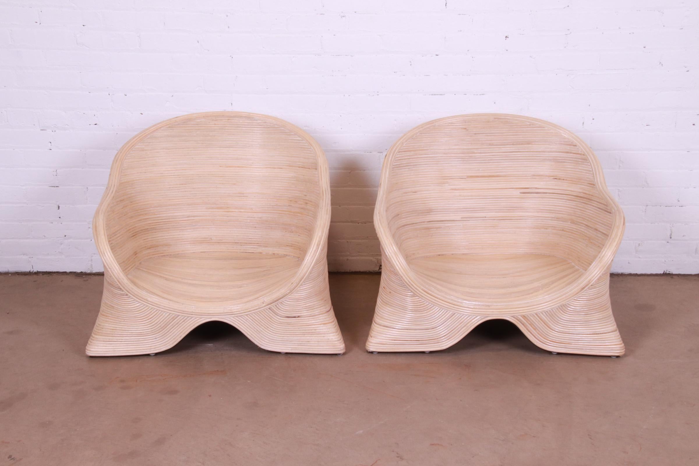 Organic Modern Betty Cobonpue Sculptural Split Reed Rattan Lounge Chairs, Pair For Sale