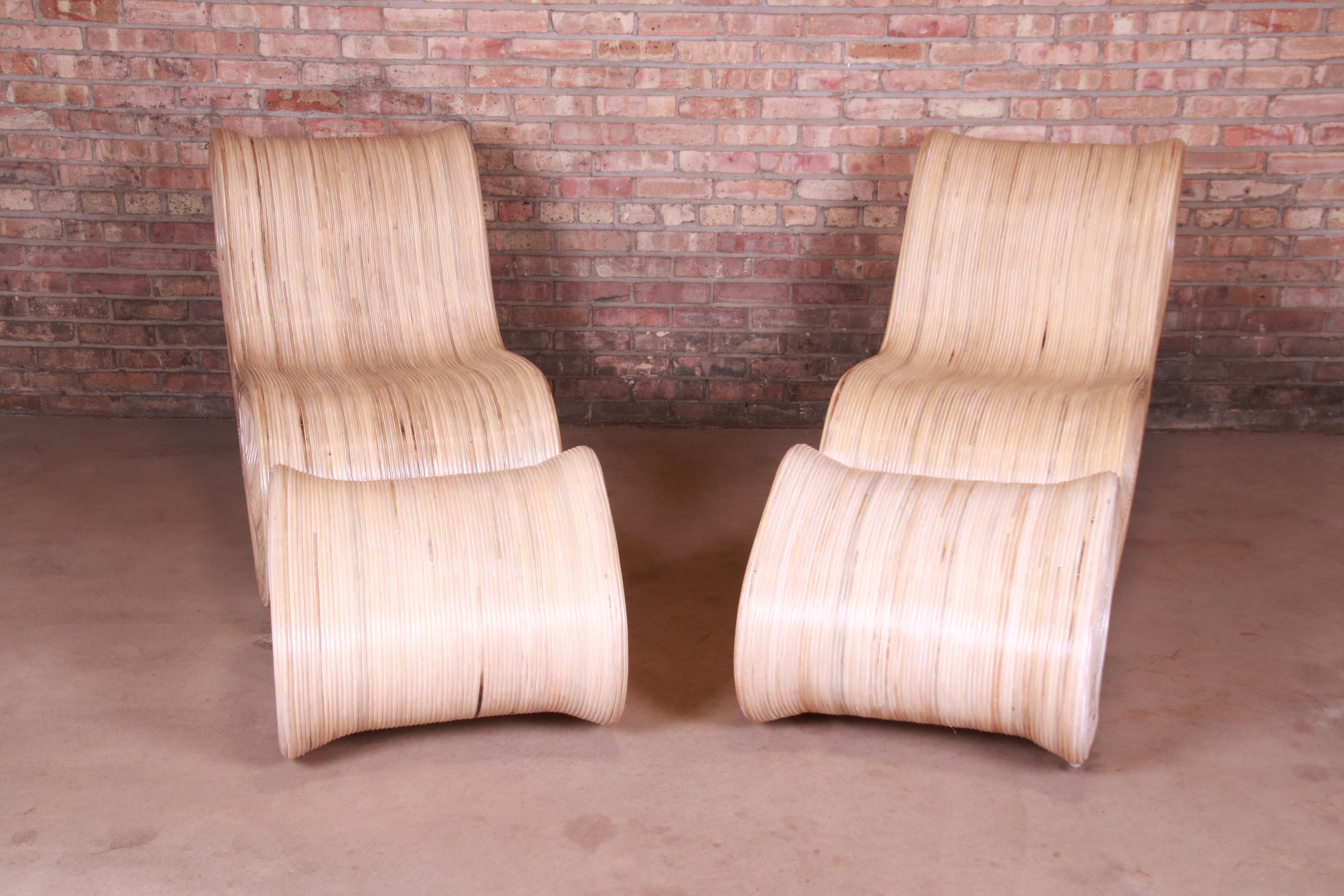 Betty Cobonpue Sculptural Split Reed Rattan Lounge Chairs with Ottomans, Pair 1