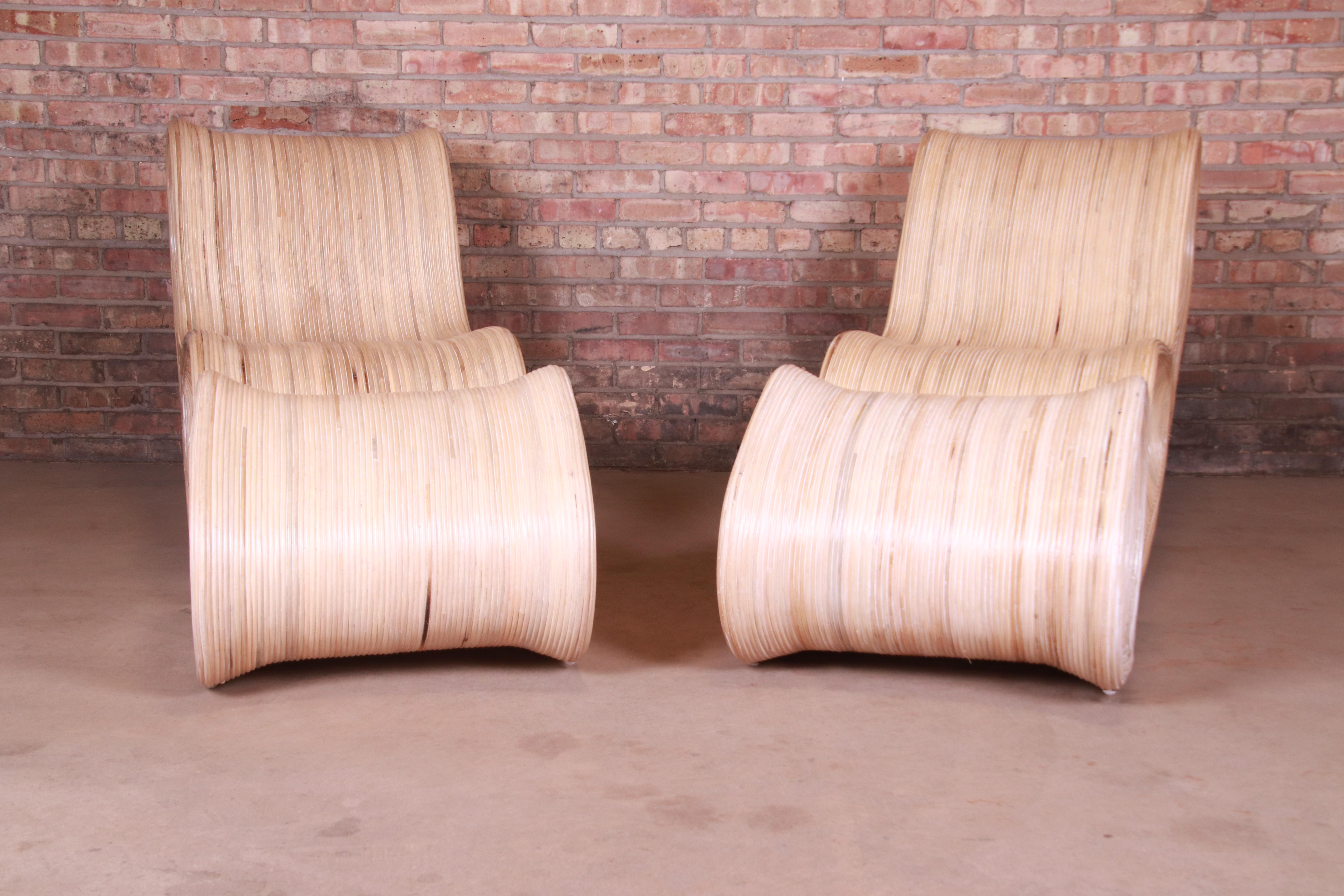 Betty Cobonpue Sculptural Split Reed Rattan Lounge Chairs with Ottomans, Pair 2