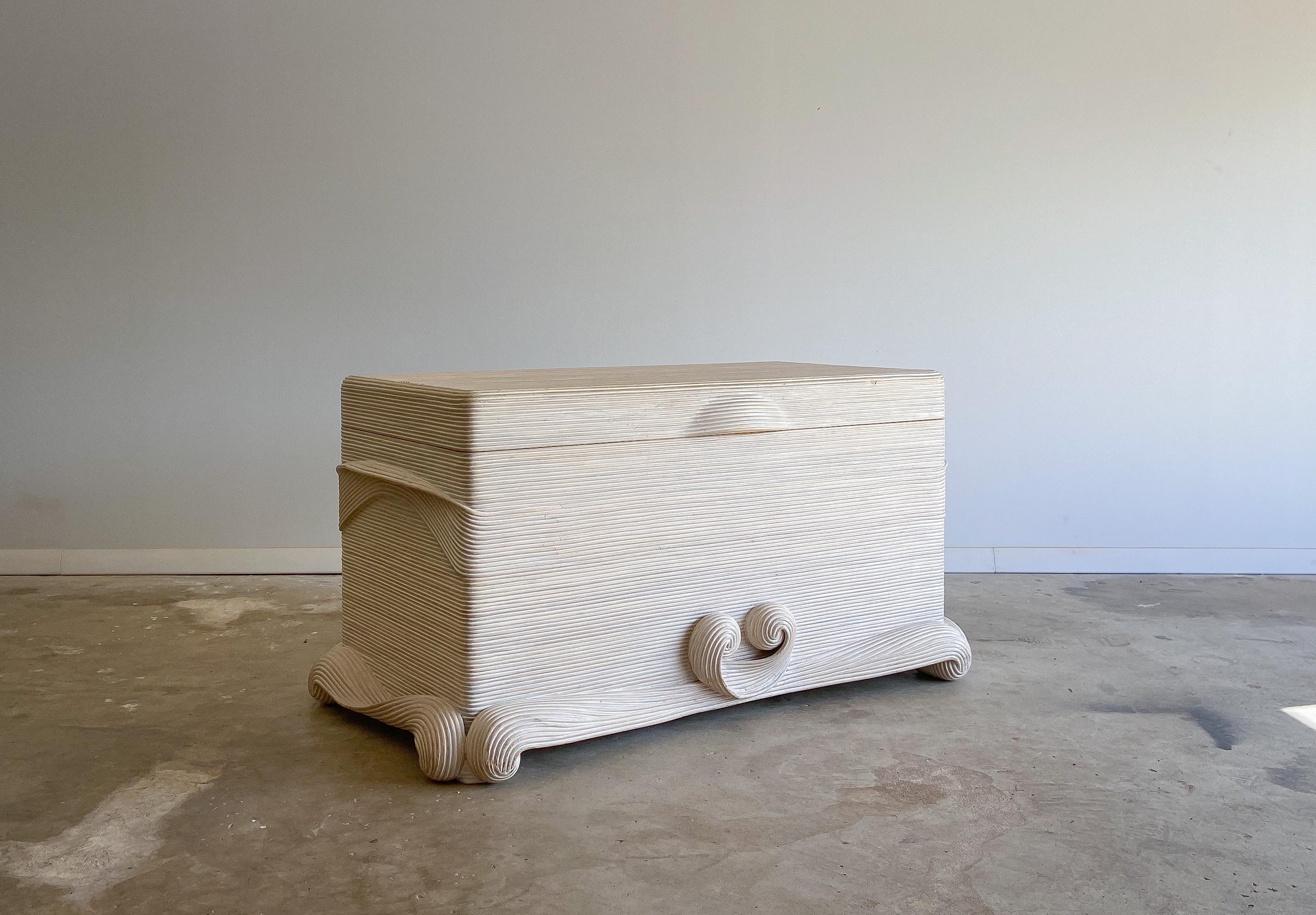 Offered is a lovely sculptural split reed storage chest/trunk designed by Betty Cobonpue for her 
