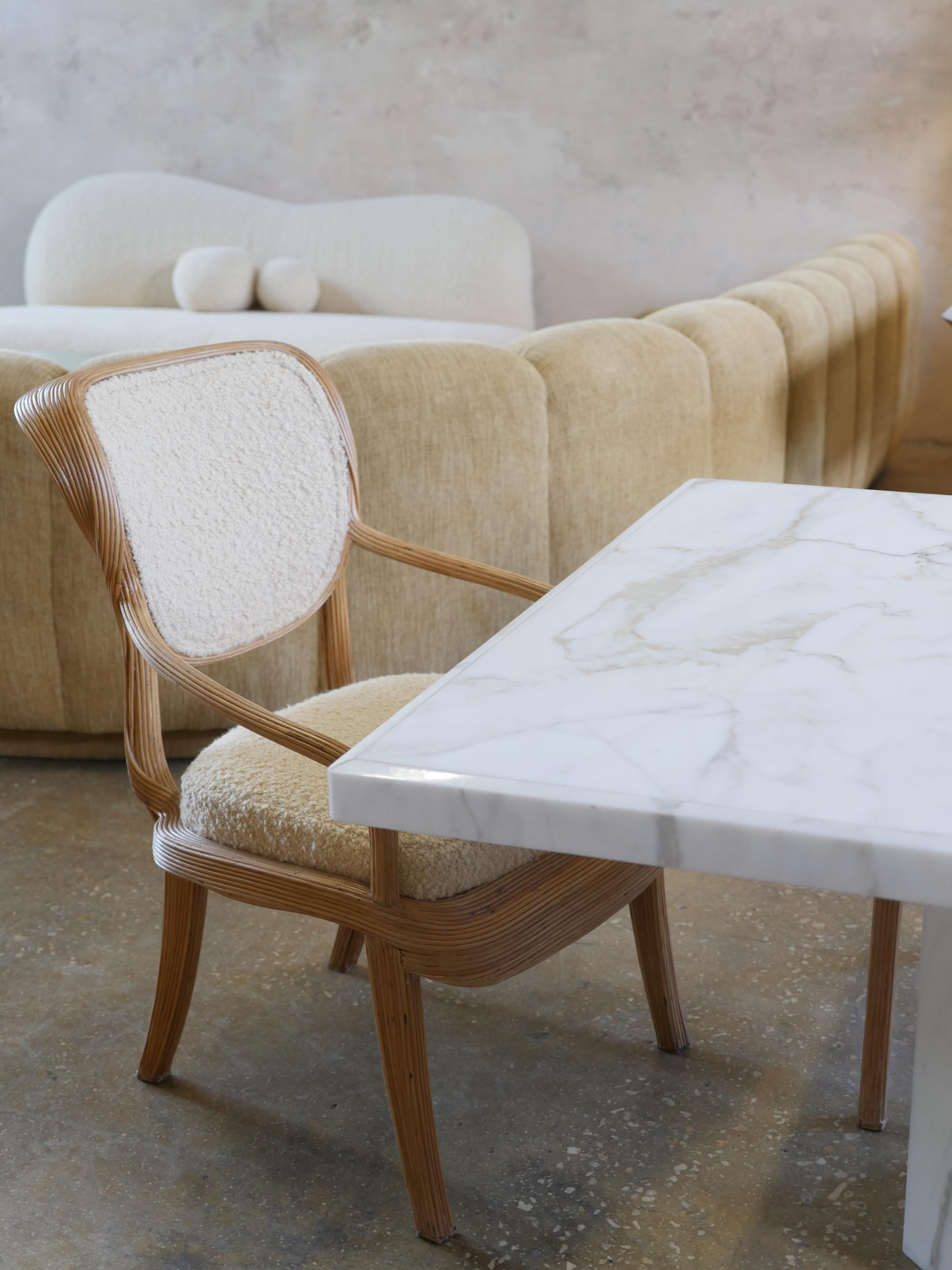 Mid-Century Modern Betty Cobonpue Scultura Pencil Reed Rattan and Boucle Dining Chairs, Set of 4
