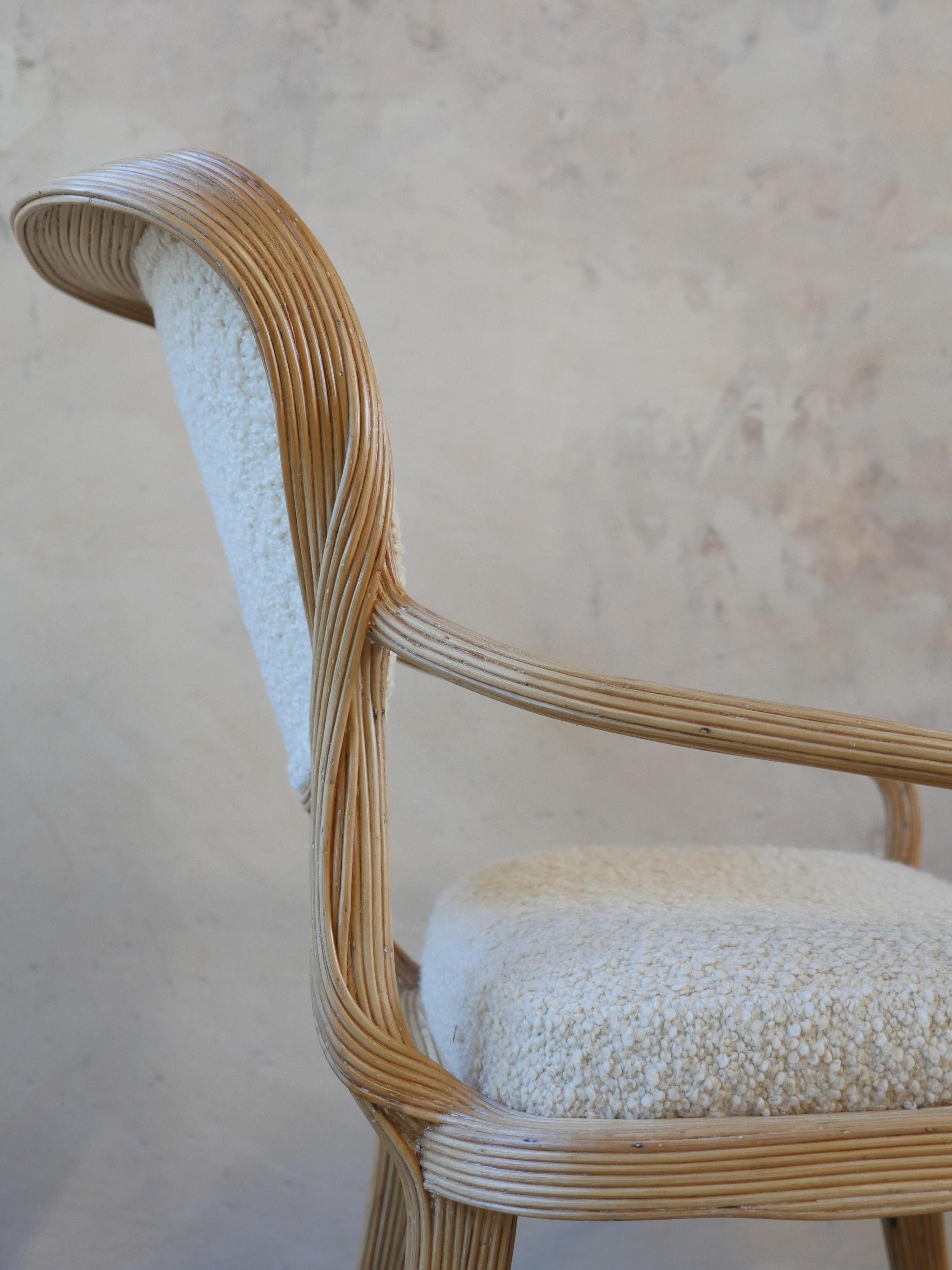 Philippine Betty Cobonpue Scultura Pencil Reed Rattan and Boucle Dining Chairs, Set of 4