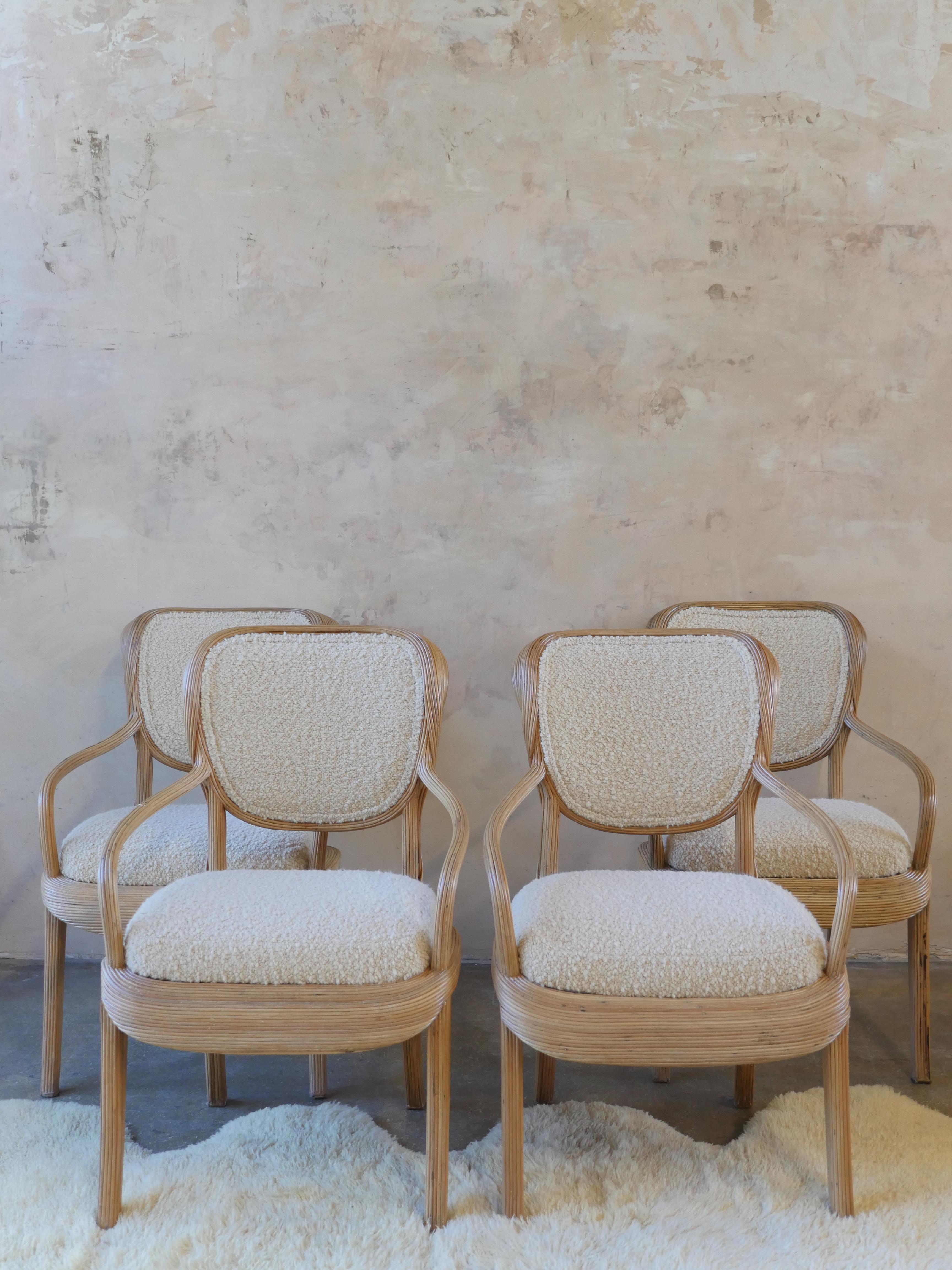 Betty Cobonpue Scultura Pencil Reed Rattan and Boucle Dining Chairs, Set of 4 1