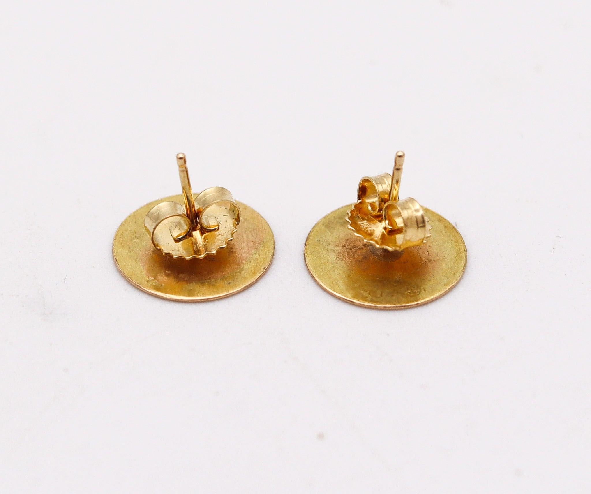 BETTY COOKE 1990 Pendientes geométricos circulares de oro amarillo de 14 quilates Modernista