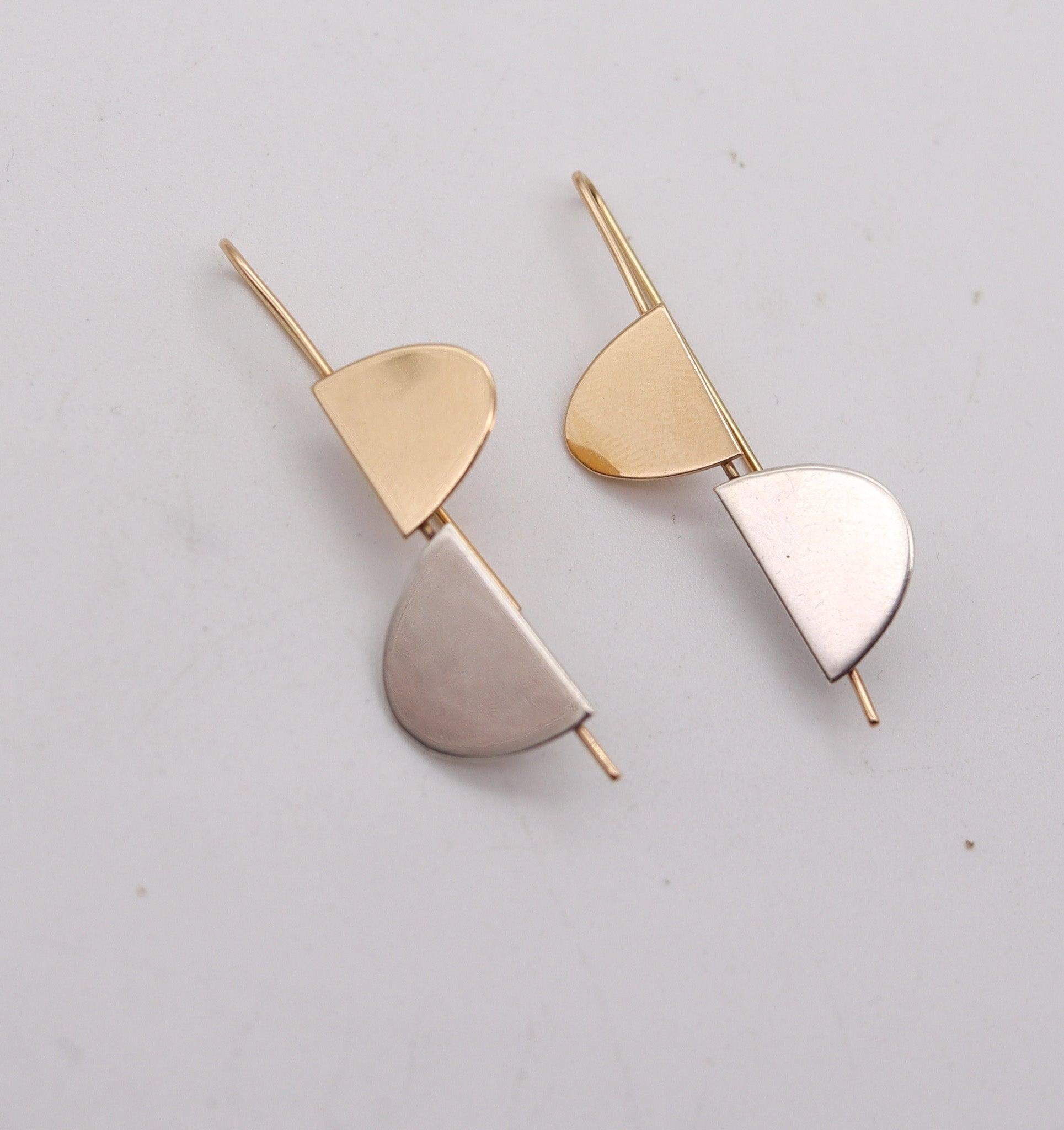 Modernist BETTY COOKE 1990 Geometric Dangle Earrings In 14Kt Yellow Gold & Sterling