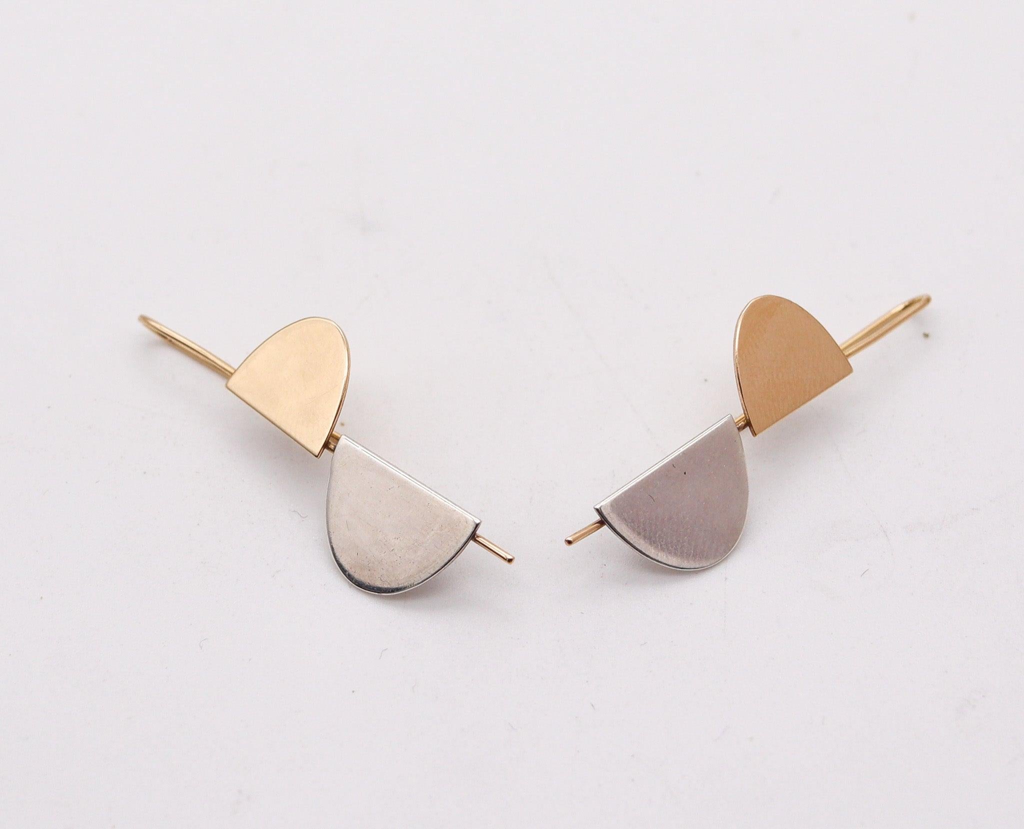 BETTY COOKE 1990 Geometric Dangle Earrings In 14Kt Yellow Gold & Sterling In Excellent Condition In Miami, FL