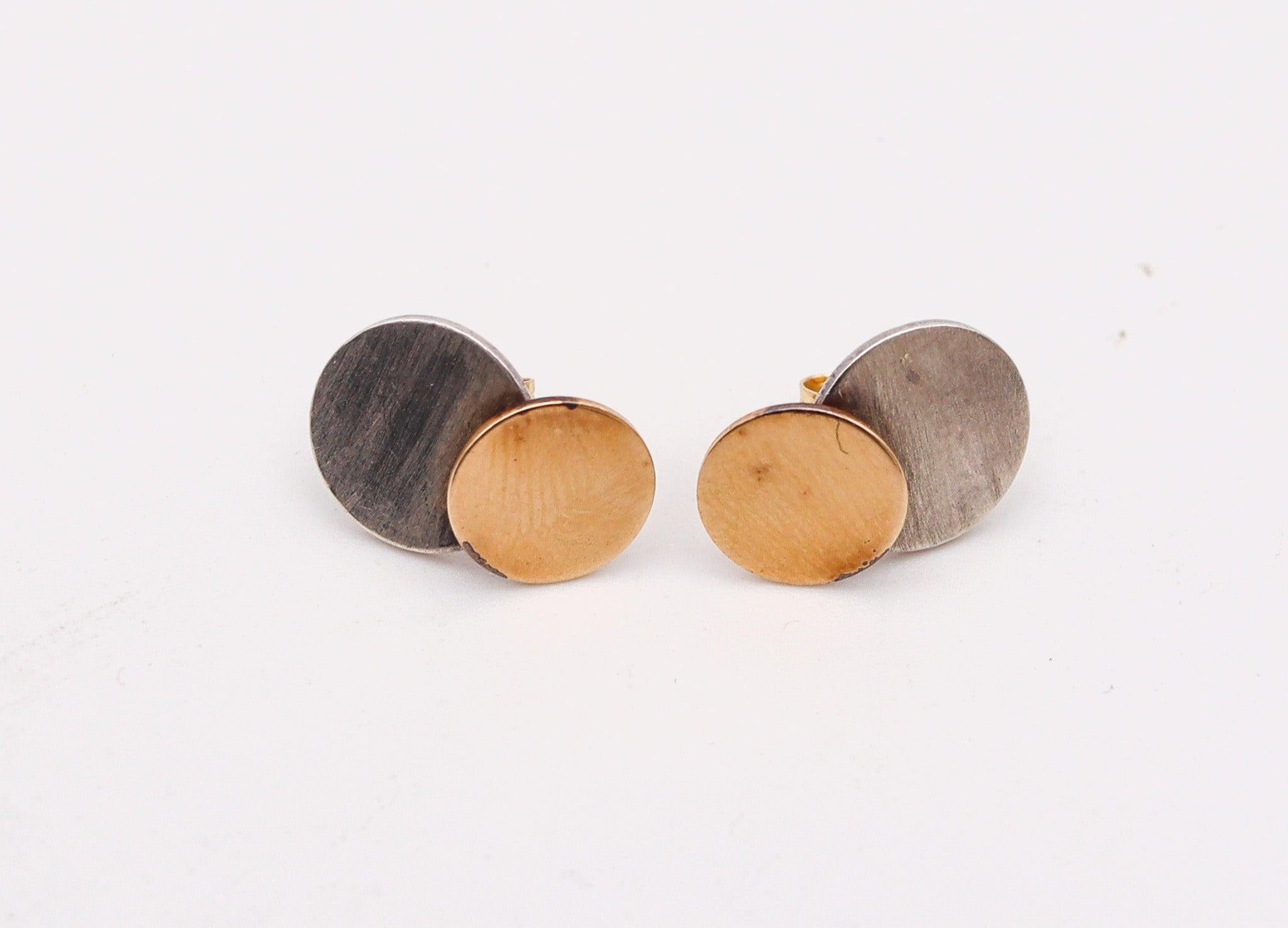 Modernist BETTY COOKE 1990 Geometric Studs Earrings In 14Kt Yellow Gold & Sterling