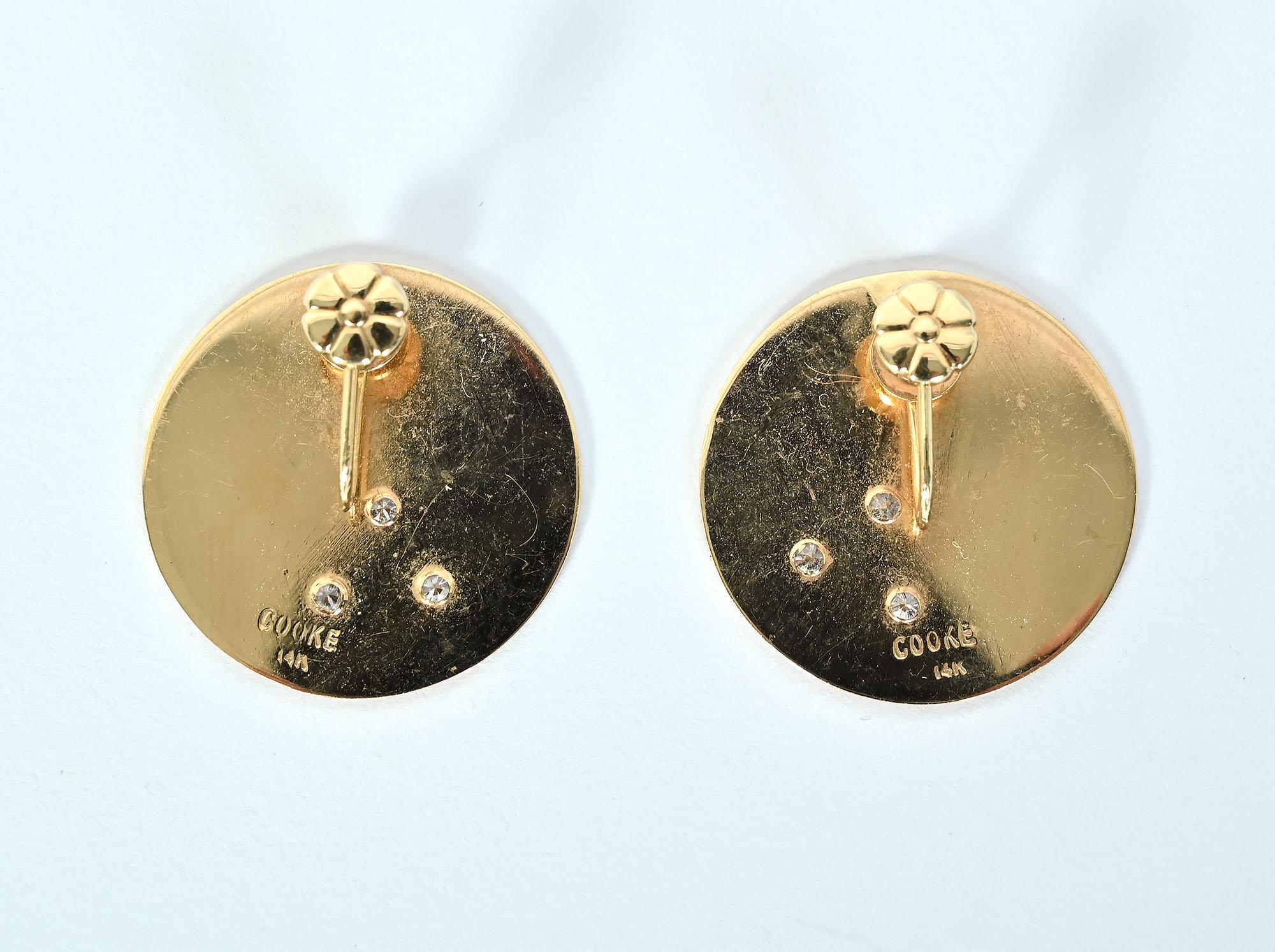 Contemporary Betty Cooke Gold Disc Earrings with Diamonds