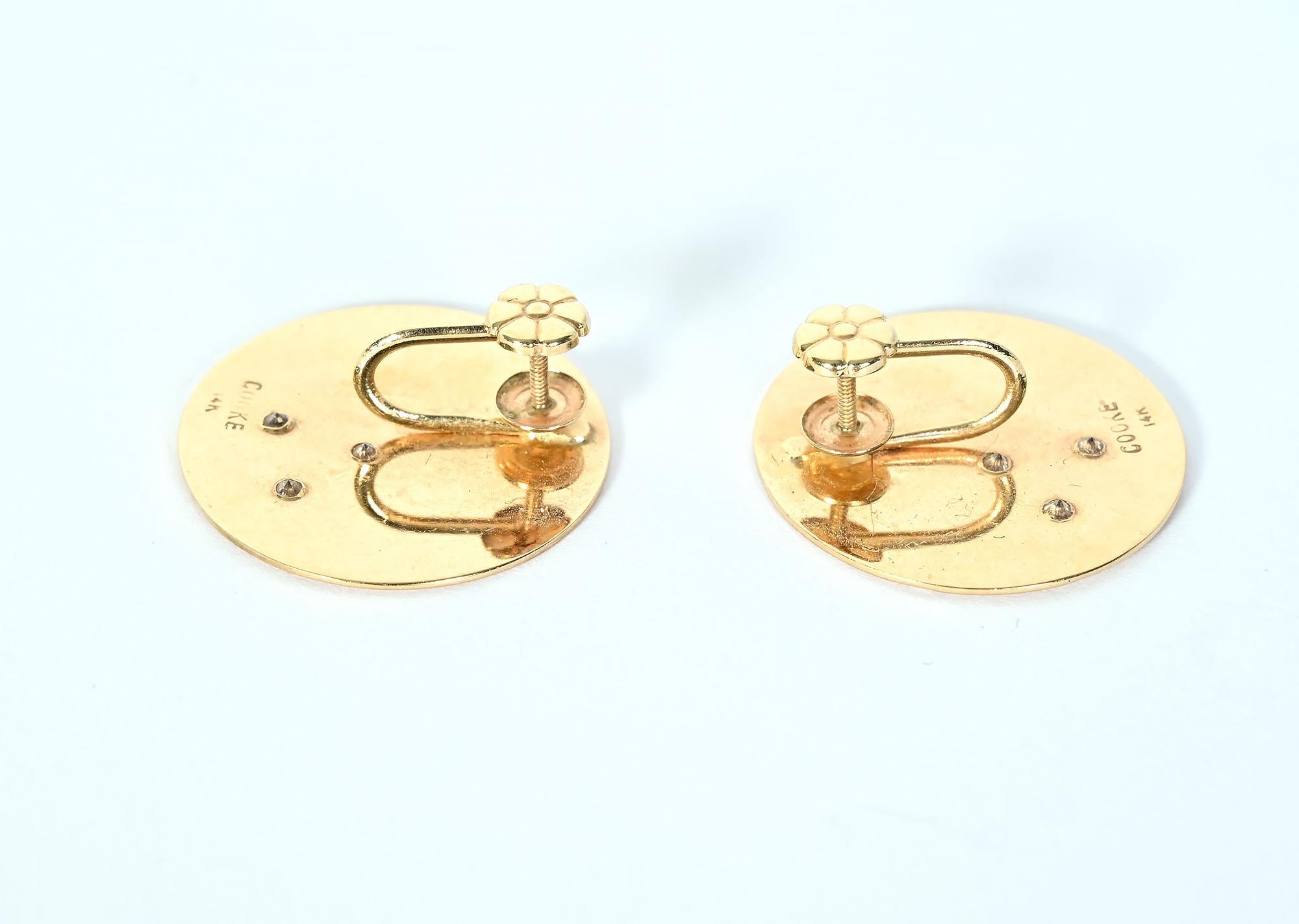 Round Cut Betty Cooke Gold Disc Earrings with Diamonds