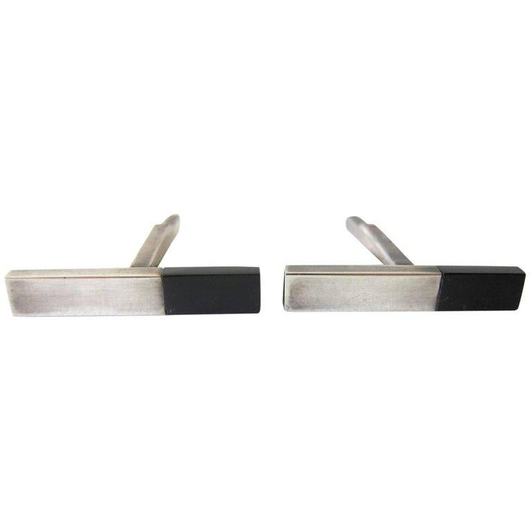 Betty Cooke Sterling Silver Exotic Wood Modernist Cufflinks In Good Condition For Sale In Palm Springs, CA