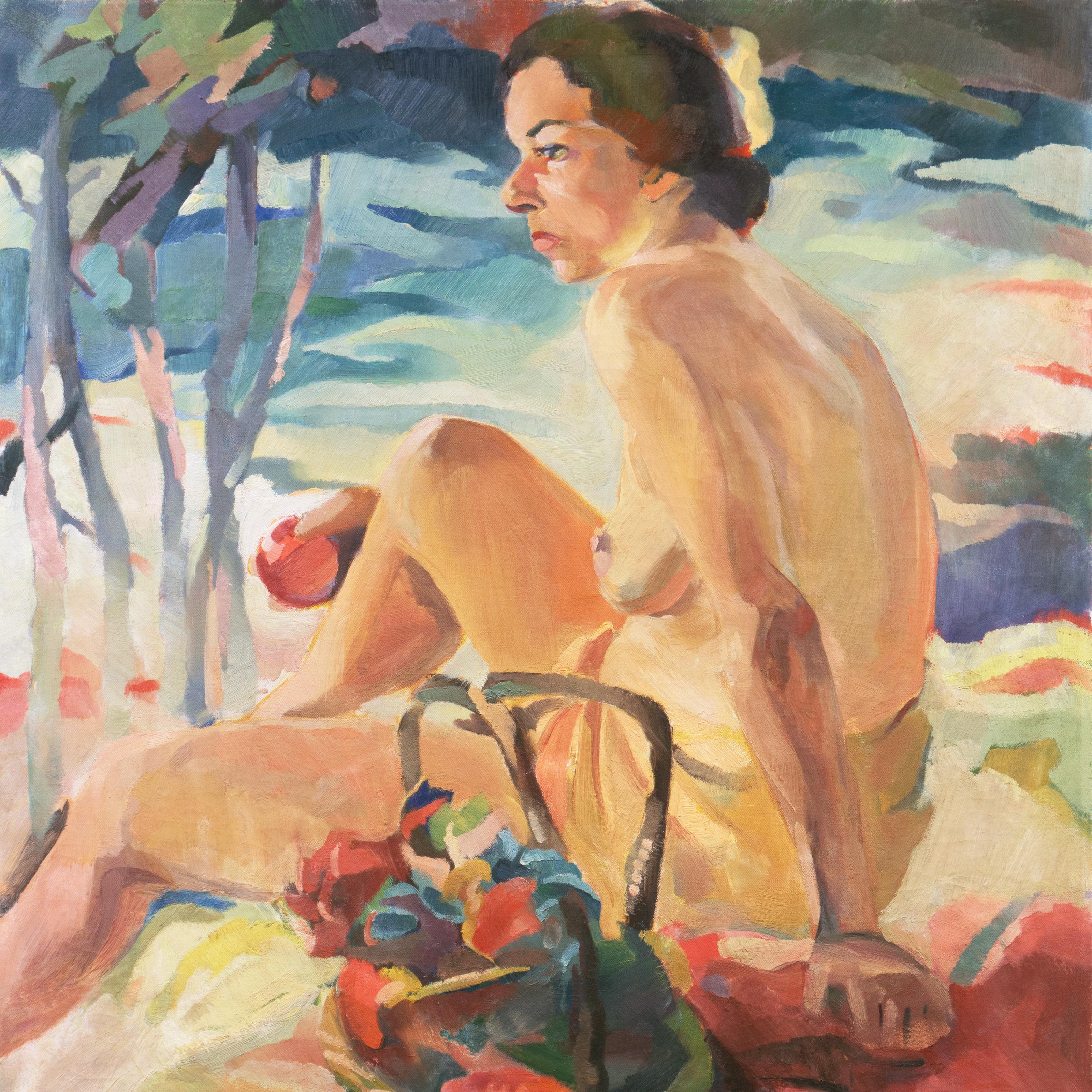 'Nude Seated by a River', Post Impressionist Figural Oil, PAFA, Woman Artist (Post-Impressionismus), Painting, von Betty Corson Ellis