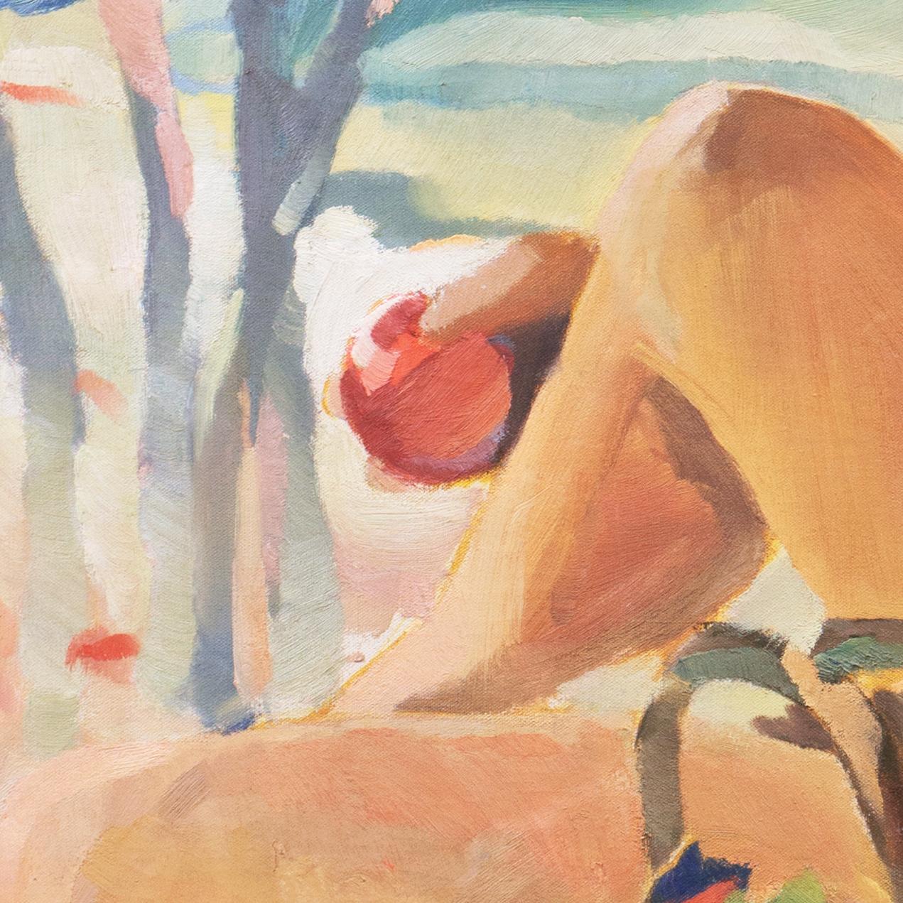 A large, Post-Impressionist figural oil of a young woman shown seated beside a river, partially clothed and holding an apple.

Signed lower left, 'Ellis' for Betty Corson Ellis (American, b. 1917) and painted circa 1936.

Betty Corson Ellis first