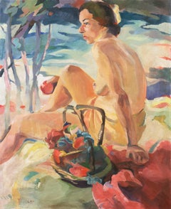 'Nude Seated by a River', Post Impressionist Figural Oil, PAFA, Woman Artist