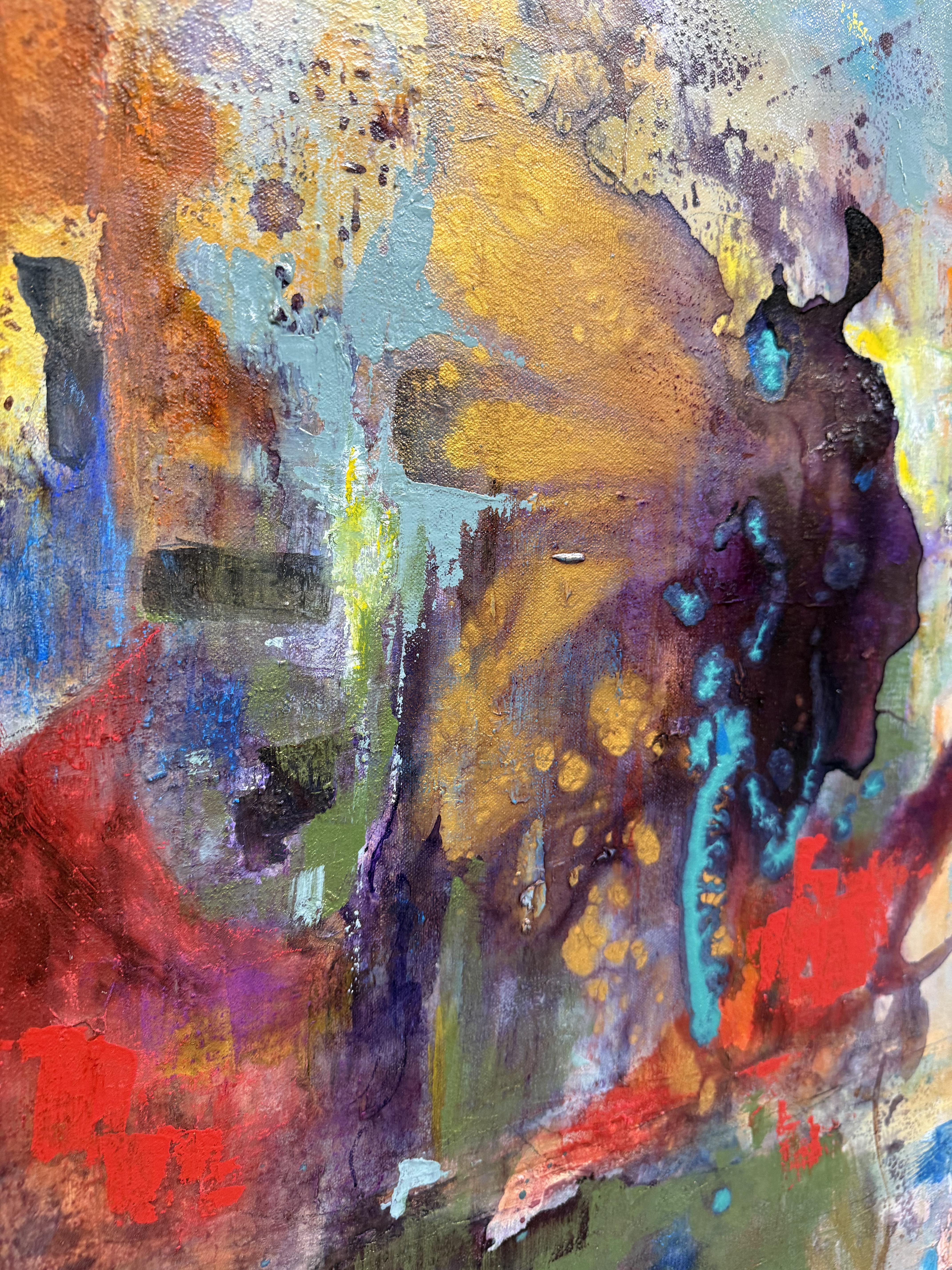 Questo audace astratto 24x18 irradia forza ed energia con la sua presenza imponente e i suoi tratti dinamici. Ogni strato pulsa con intensità, creando un senso di movimento e di emozione cruda. 