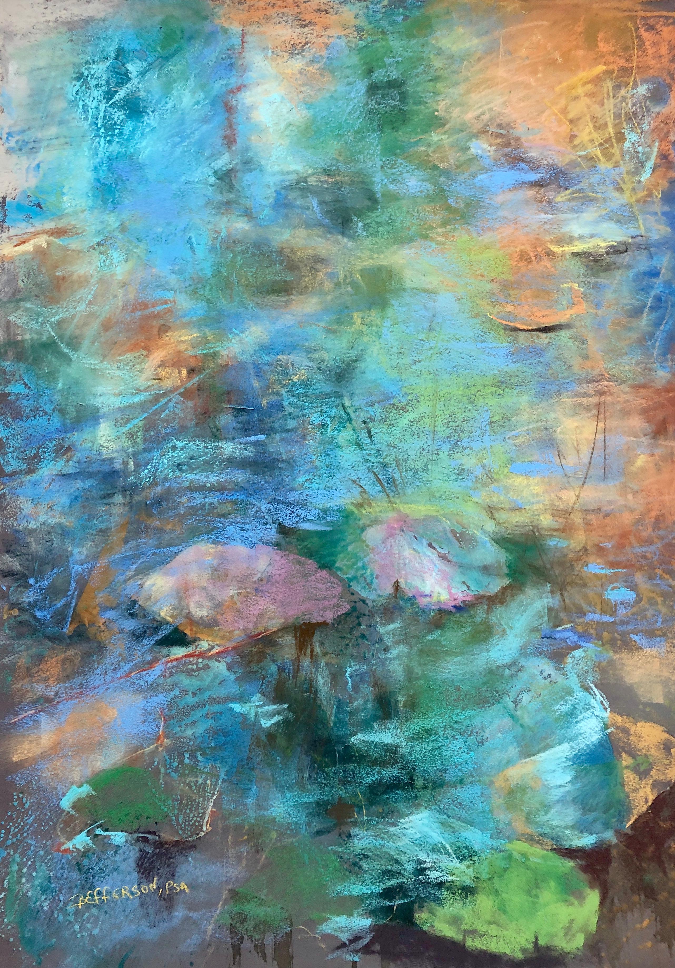 Betty Efferson Abstract Painting - Breaking Through, Pastel Painting, Abstract Landscape, 28x20 Inches