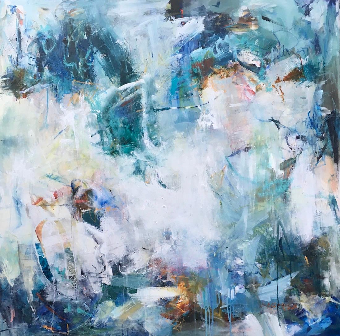 Respirer, peinture abstraite apaisante, acrylique sur toile, 48x48