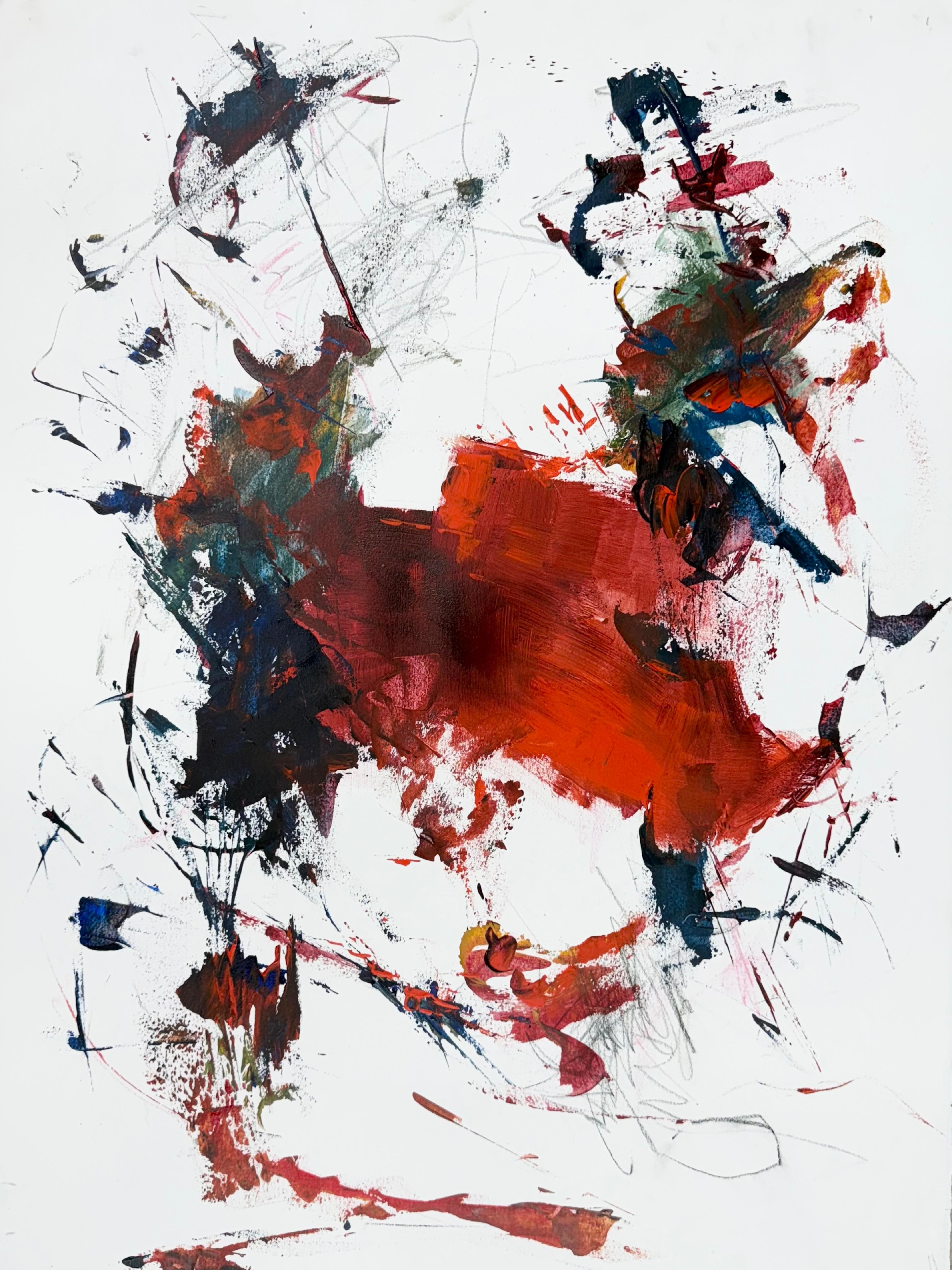 Loving Red Abstract Painting, Acrylic and Inks on Paper, 30x22 Inches