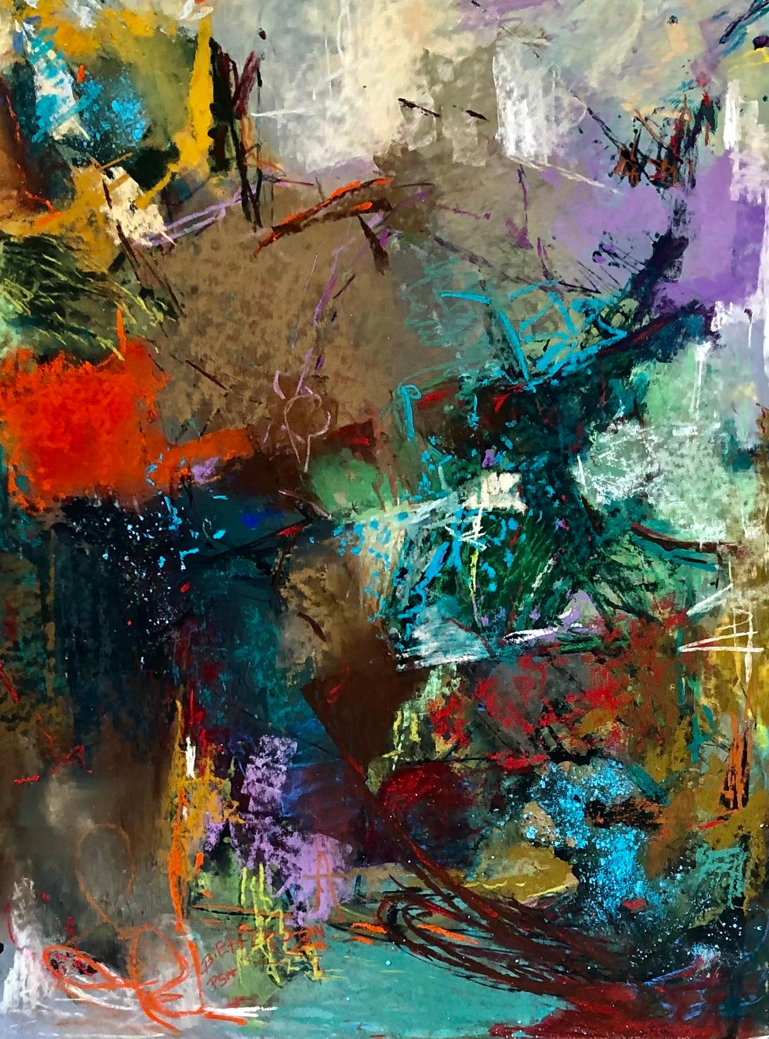 Betty Efferson Abstract Painting - Muddy Waters, Abstract Impressionist Painting, Framed Oil Pastel, 24x12