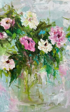 «Summer Time Blooms», pintura abstracta en acrílico sobre lienzo, 36x24 pulgadas