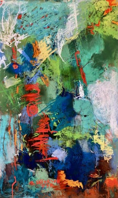 Dipinto astratto dai colori pastello, dalle tonalità vibranti, su carta d’archivio, 22x14 pollici