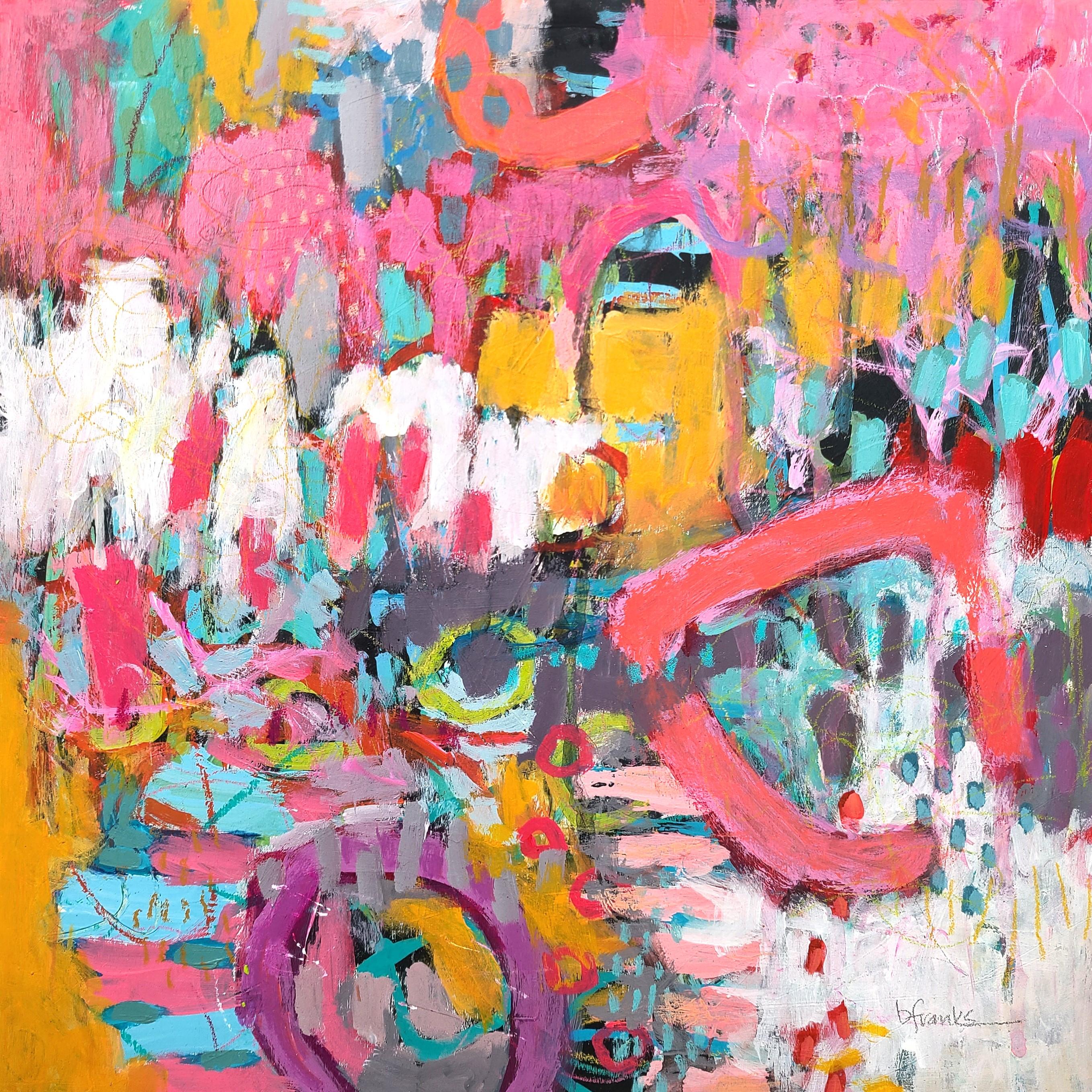 "Floral Pasture Lane" is a bright abstract acrylic painting on wood cradle created by San Jose, CA based artist, Betty Franks. This painting features tones of pink, red, white, mint, green, light blue, aqua, yellow, gray and black. "Floral Pasture