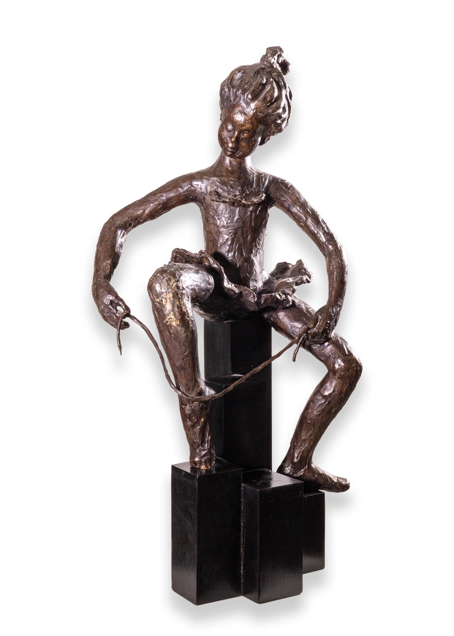 A modern brutalist bronze sculpture depicting a ballerina by Michigan artist Betty Jacobs. The ballerina sits elegantly on towering pedestals. Circa 1970s. A unique modern sculpture. From a private collection. Dimensions: 29.5”h x 13”w x 11”d. In