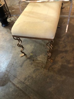 Betty M. Vintage Bench with Gilt Metal Base and Stitched Upholstery
