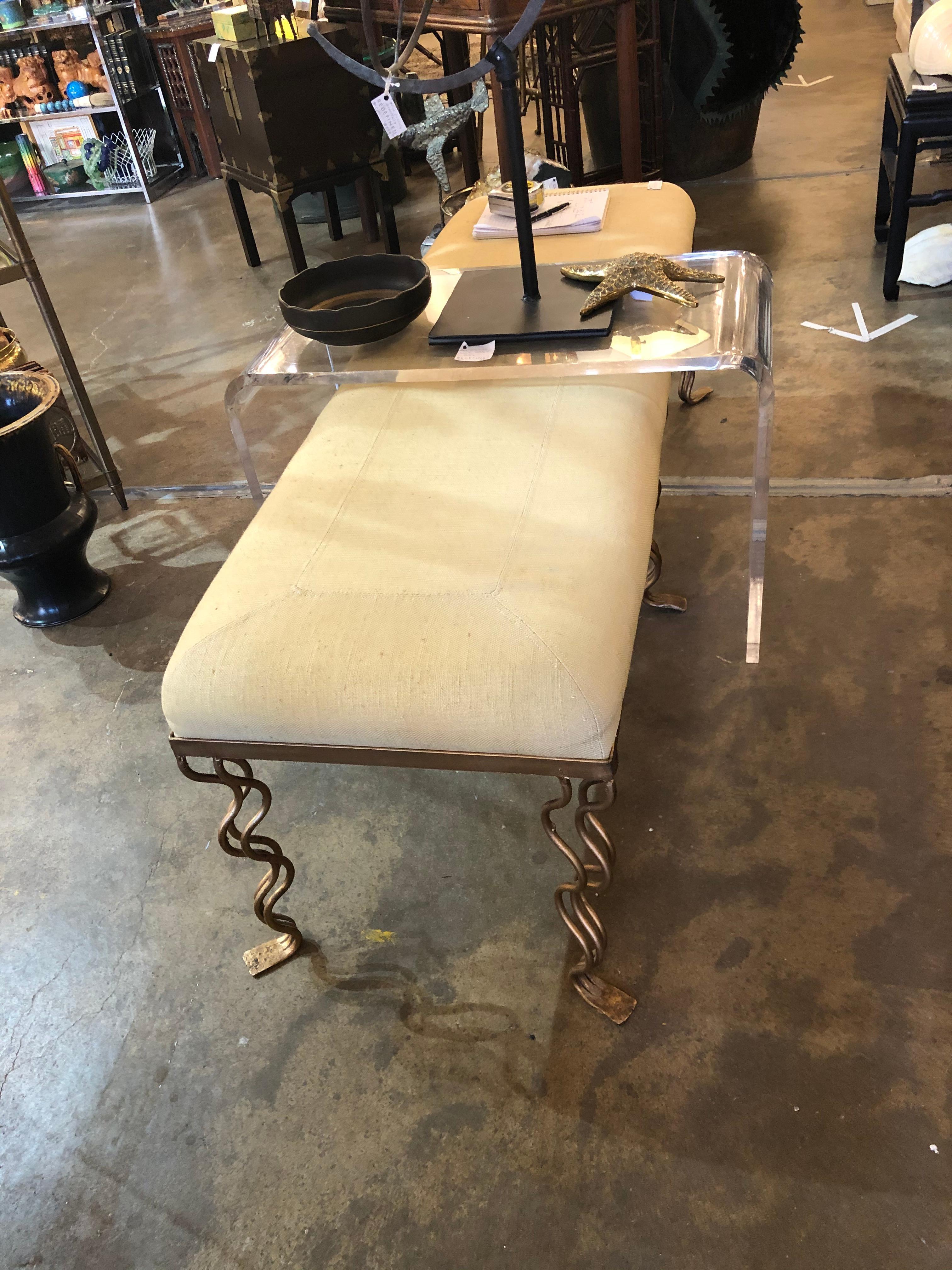 Betty M. Vintage Bench with Gilt Metal Base and Stitched Upholstery In Excellent Condition In Chicago, IL