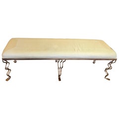 Betty M. Vintage Bench with Gilt Metal Base and Stitched Upholstery