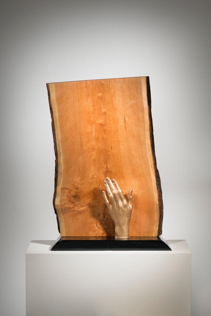 Betty McGeehan Figurative Sculpture - Abstract Minimal Wood Sculpture with Hand: 'Safe Keeping'