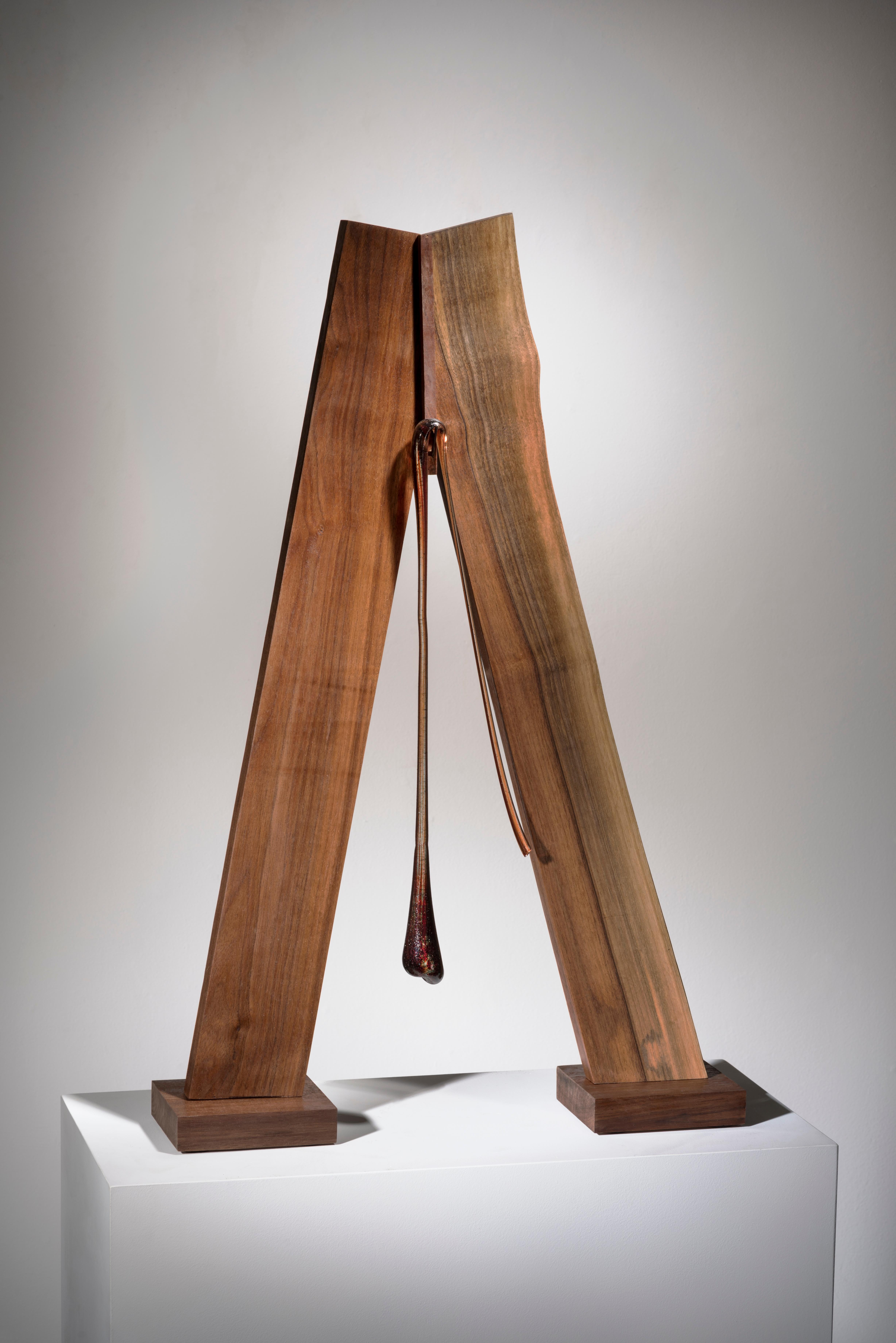 Betty McGeehan Abstract Sculpture - Minimal Abstract Wood Sculpture: 'Weighing the Consequences'