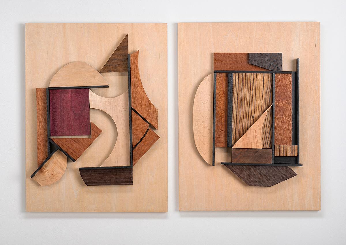 Betty McGeehan Abstract Sculpture - Abstract Wood Wall Sculpture: 'Gathering #28/Gathering #29'