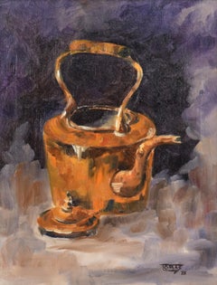 Vintage Still Life Oil Painting - Orange Teapot on Purple Background