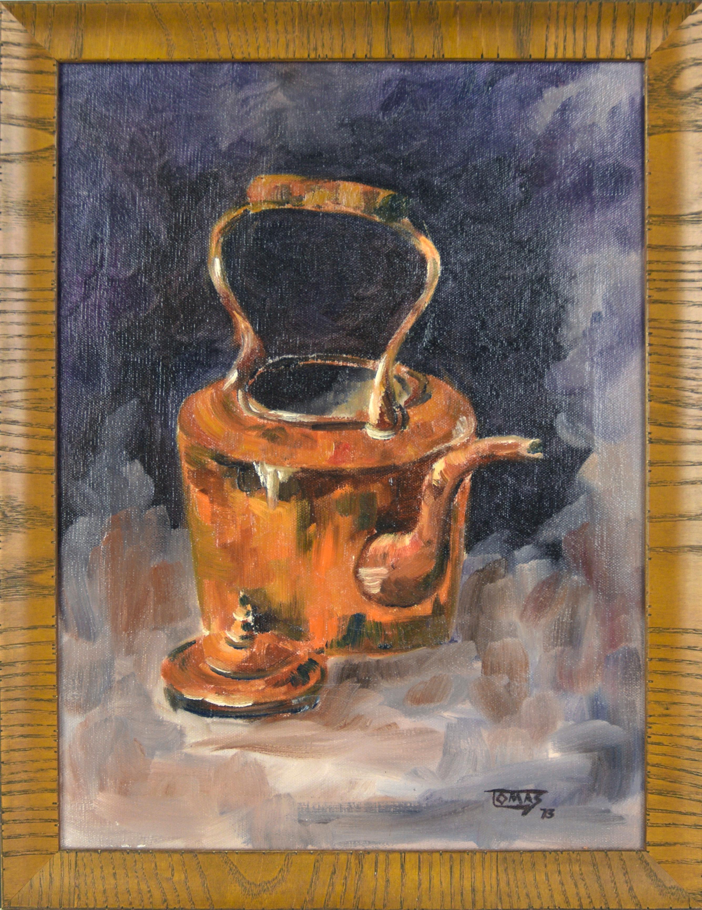 Nature morte à l
huile vintage - Théière orange sur fond violet