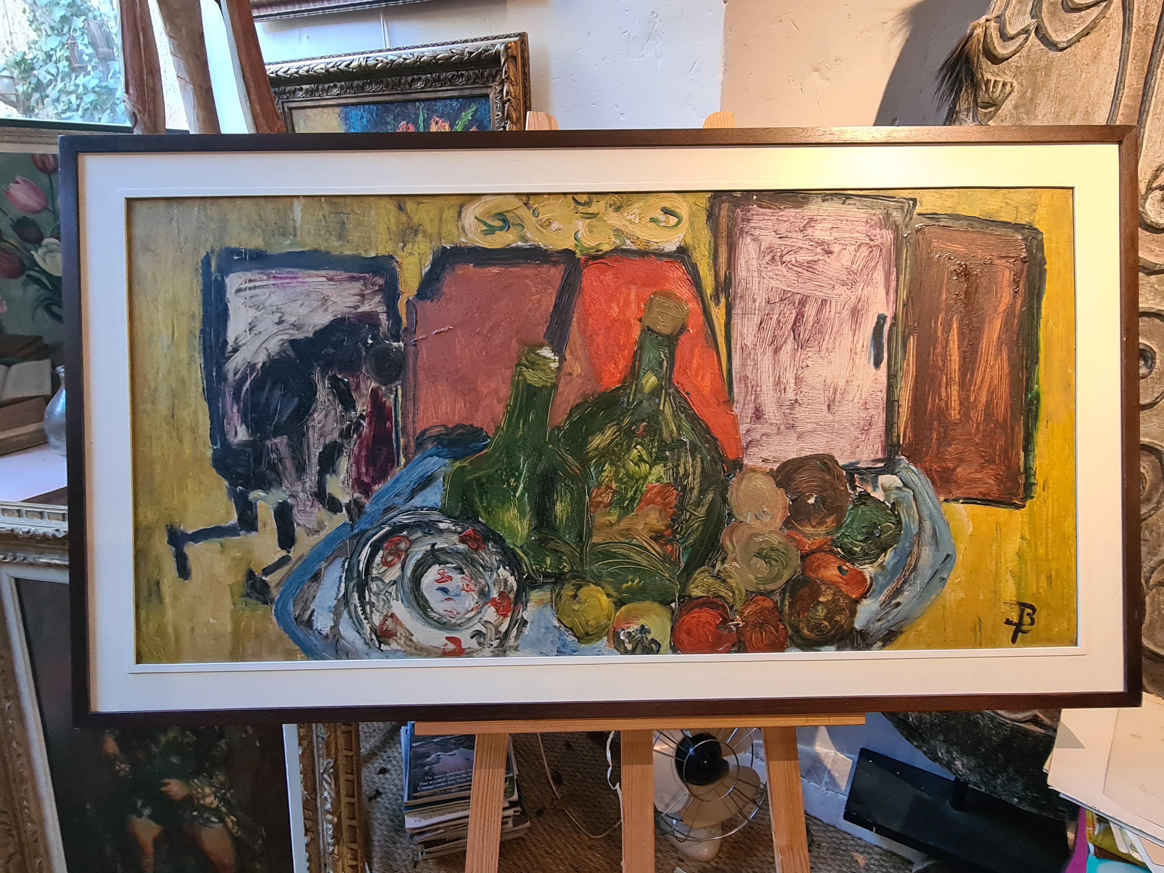 Large Mid Century Colourful Oil of Still life With Bottles, Fruit and Charger For Sale 8
