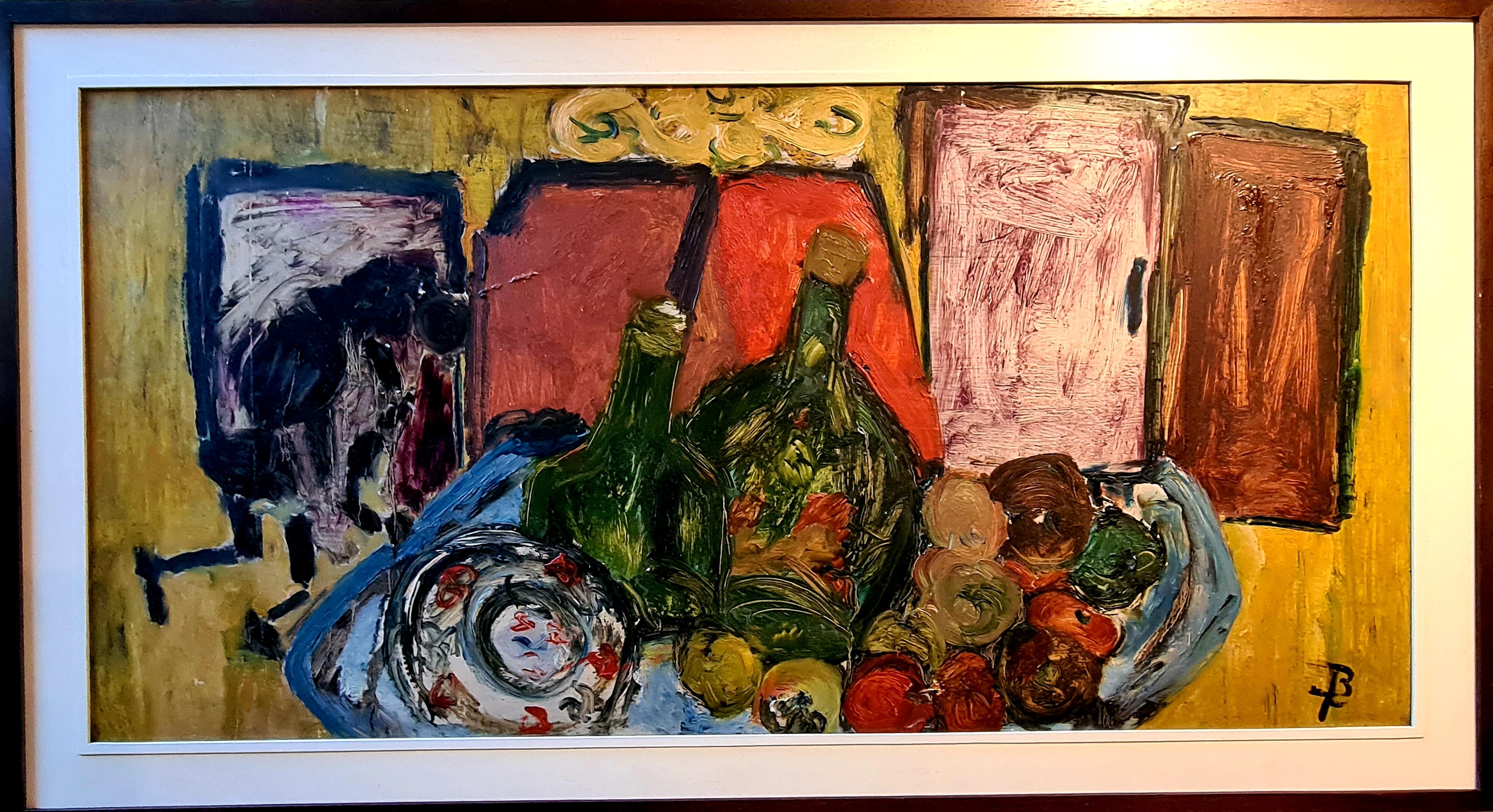 Large Mid Century Colourful Oil of Still life With Bottles, Fruit and Charger For Sale 9