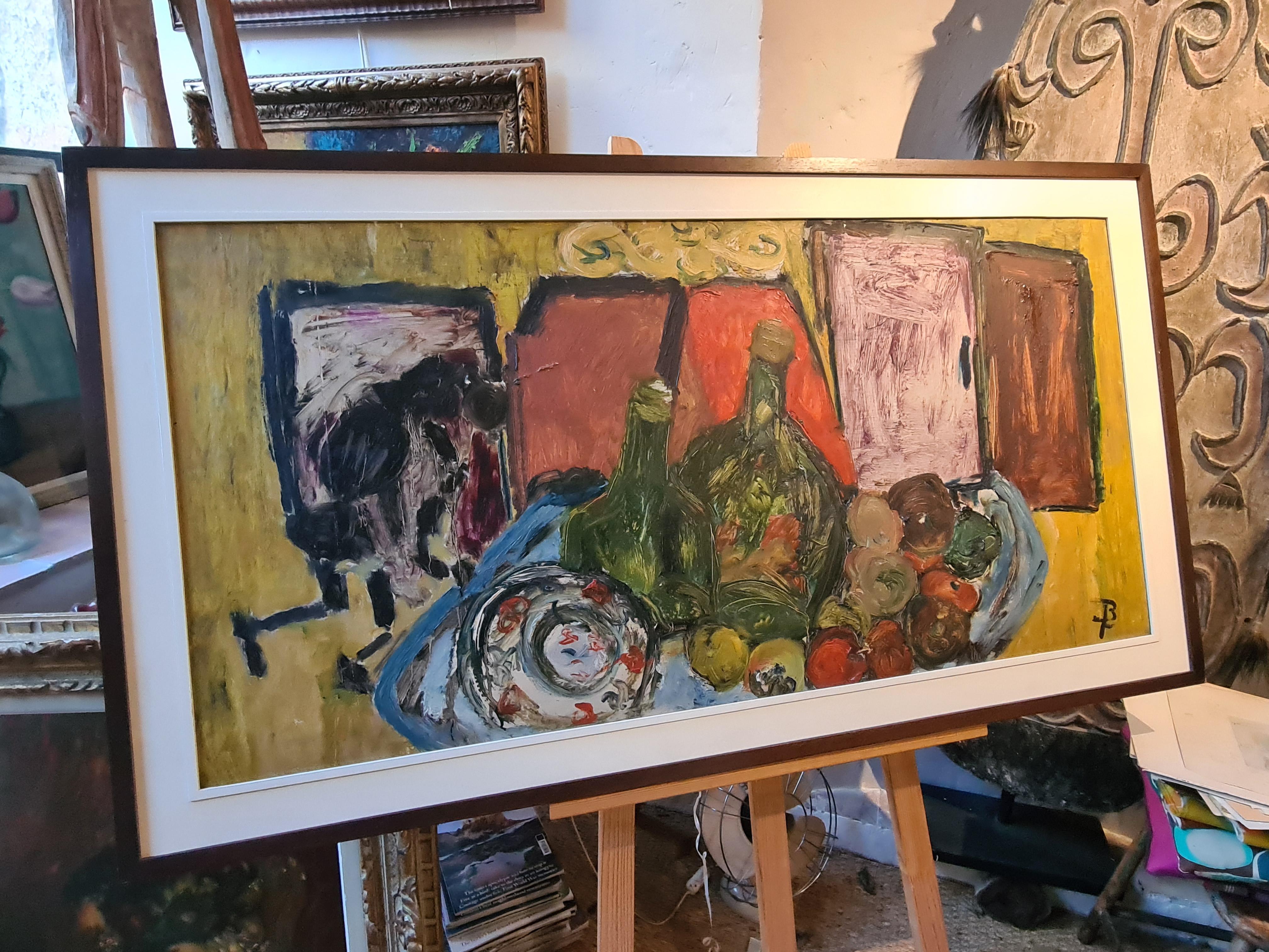 Large Mid Century Colourful Oil of Still life With Bottles, Fruit and Charger - Painting by  Betty Walters Flashtig