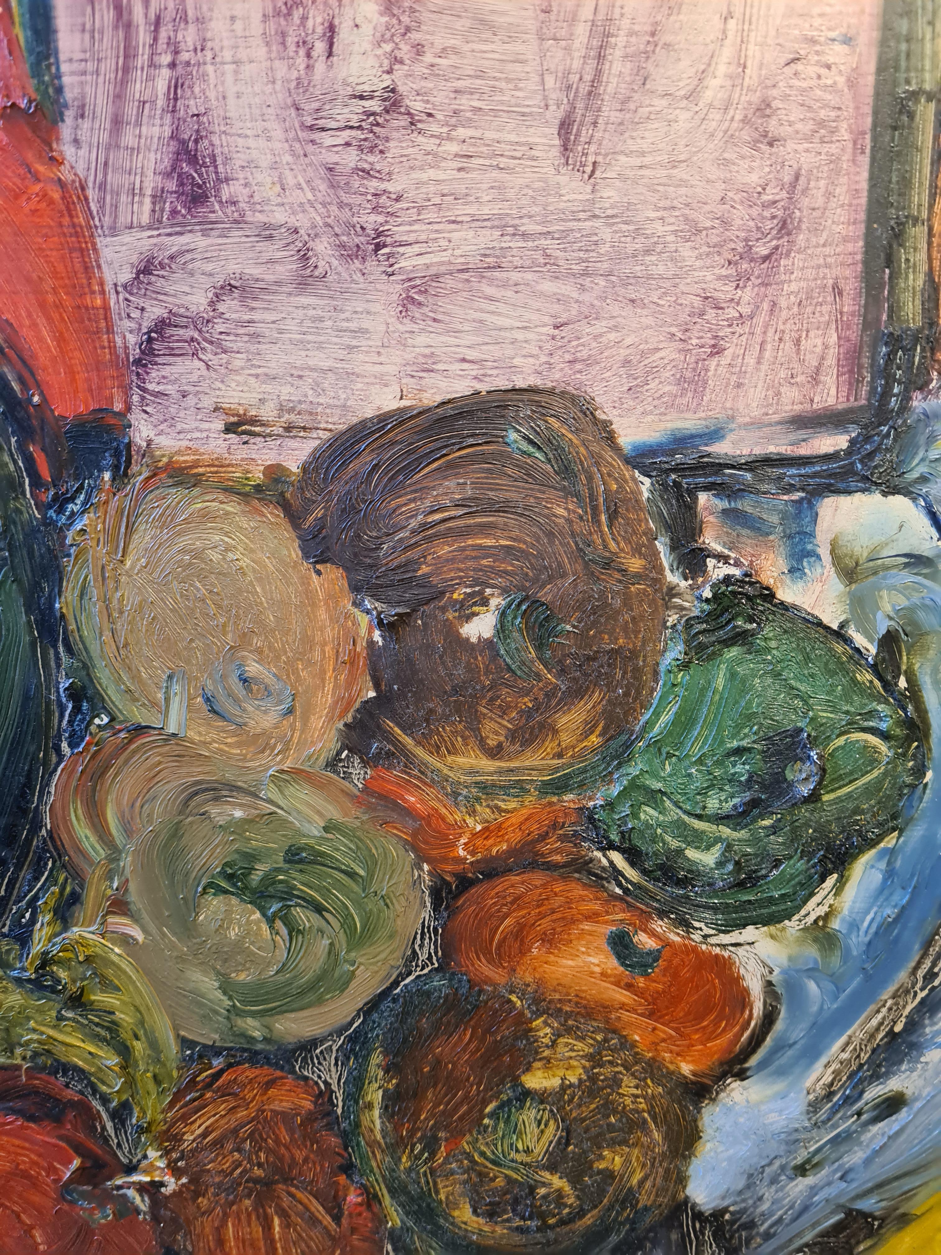 Large Mid Century Colourful Oil of Still life With Bottles, Fruit and Charger For Sale 1