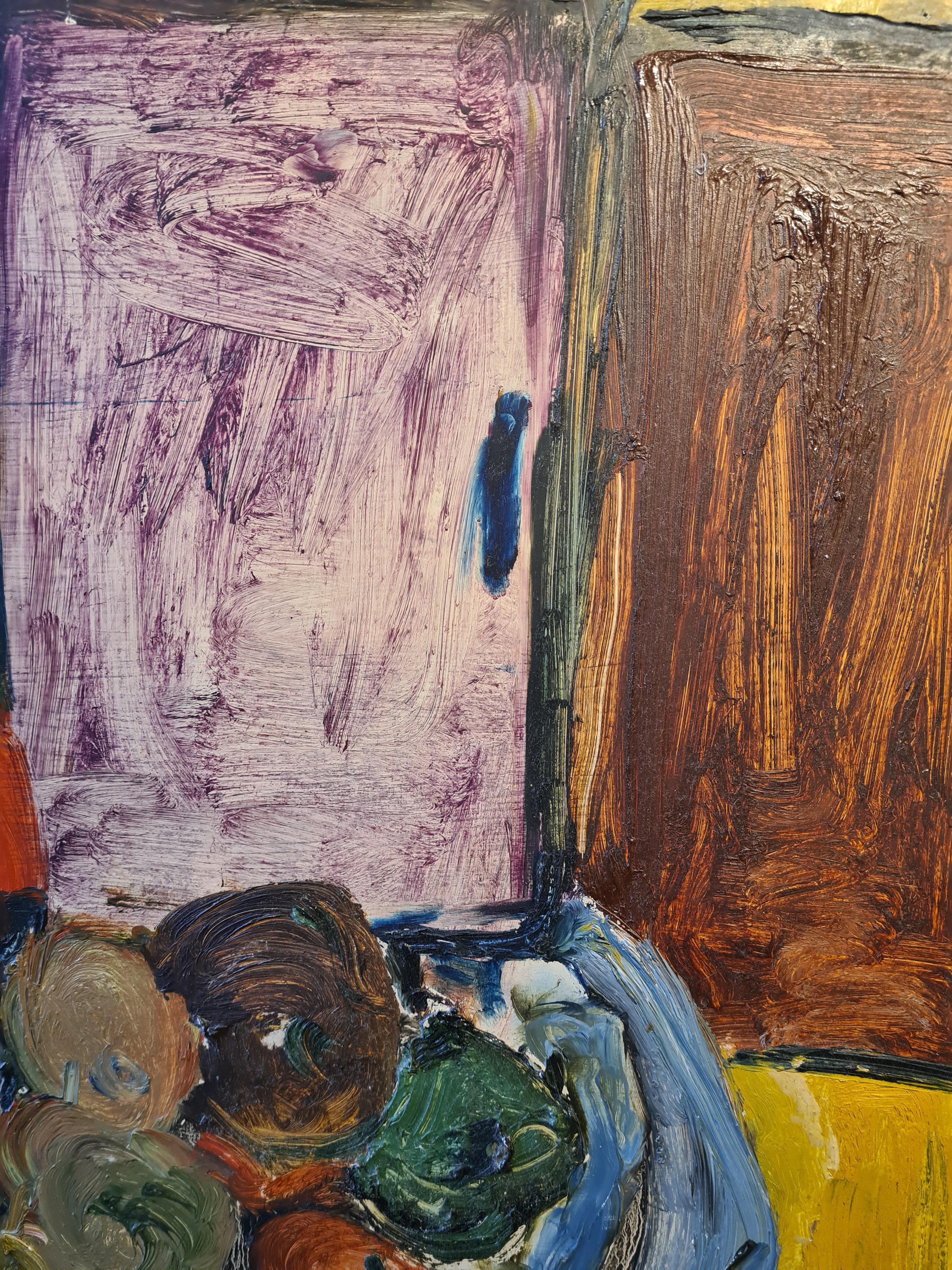 Large Mid Century Colourful Oil of Still life With Bottles, Fruit and Charger For Sale 2
