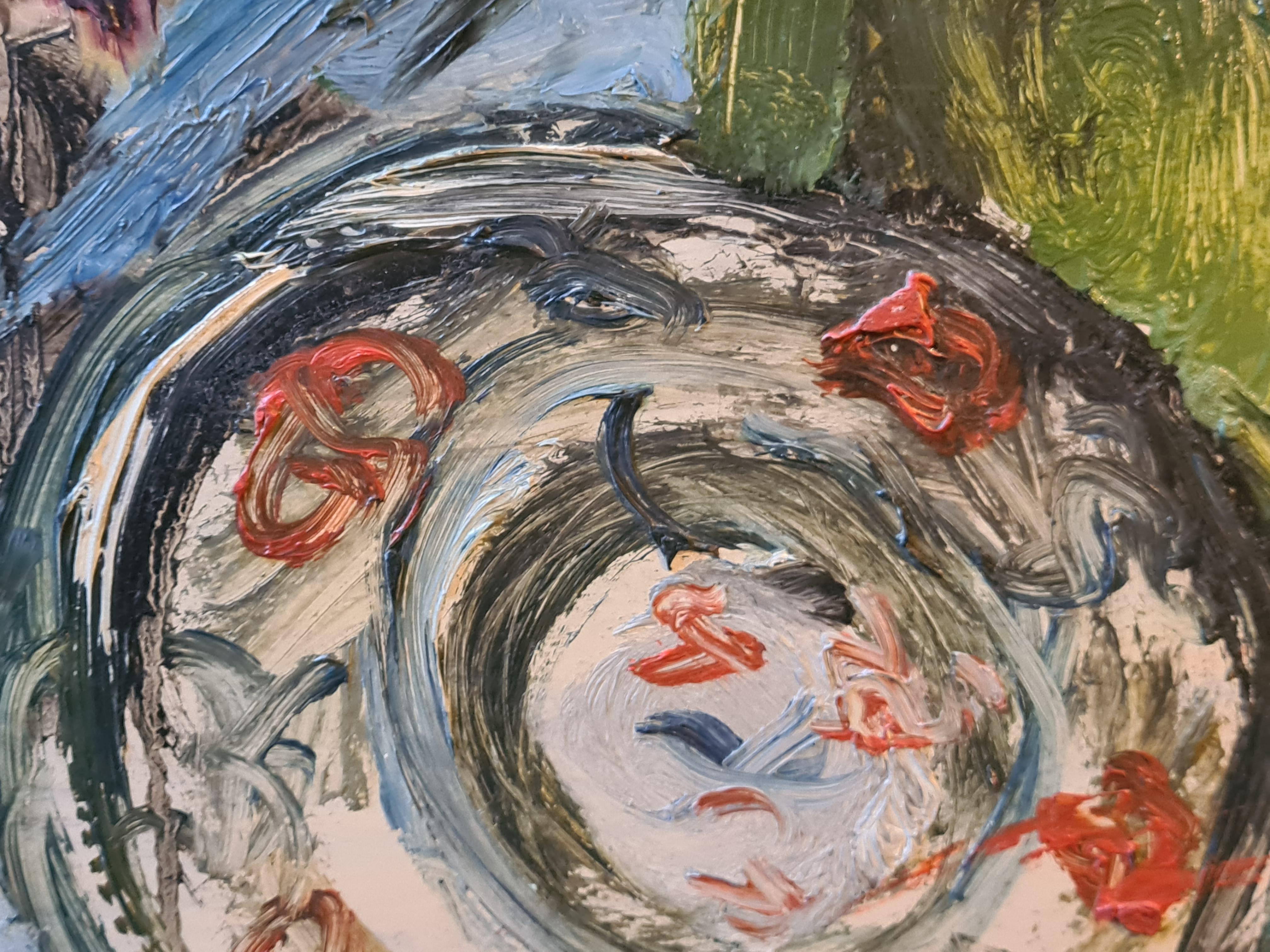 Large Mid Century Colourful Oil of Still life With Bottles, Fruit and Charger For Sale 5
