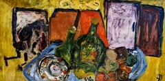Grande huile colorée du milieu du siècle avec bouteilles, fruits et chargeur