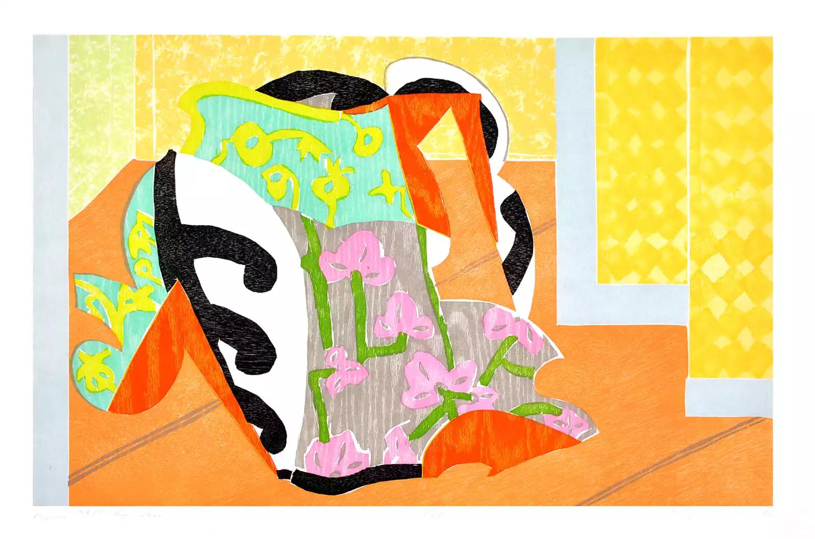 Kimono-Stillleben-Vase (INV# NP3630)
Betty Woodman 
Farbholzschnitt mit Chine Collé
27.5 x 41.5
1992
# W.P. 1/2, außerhalb der Auflage von 15
unterzeichnet