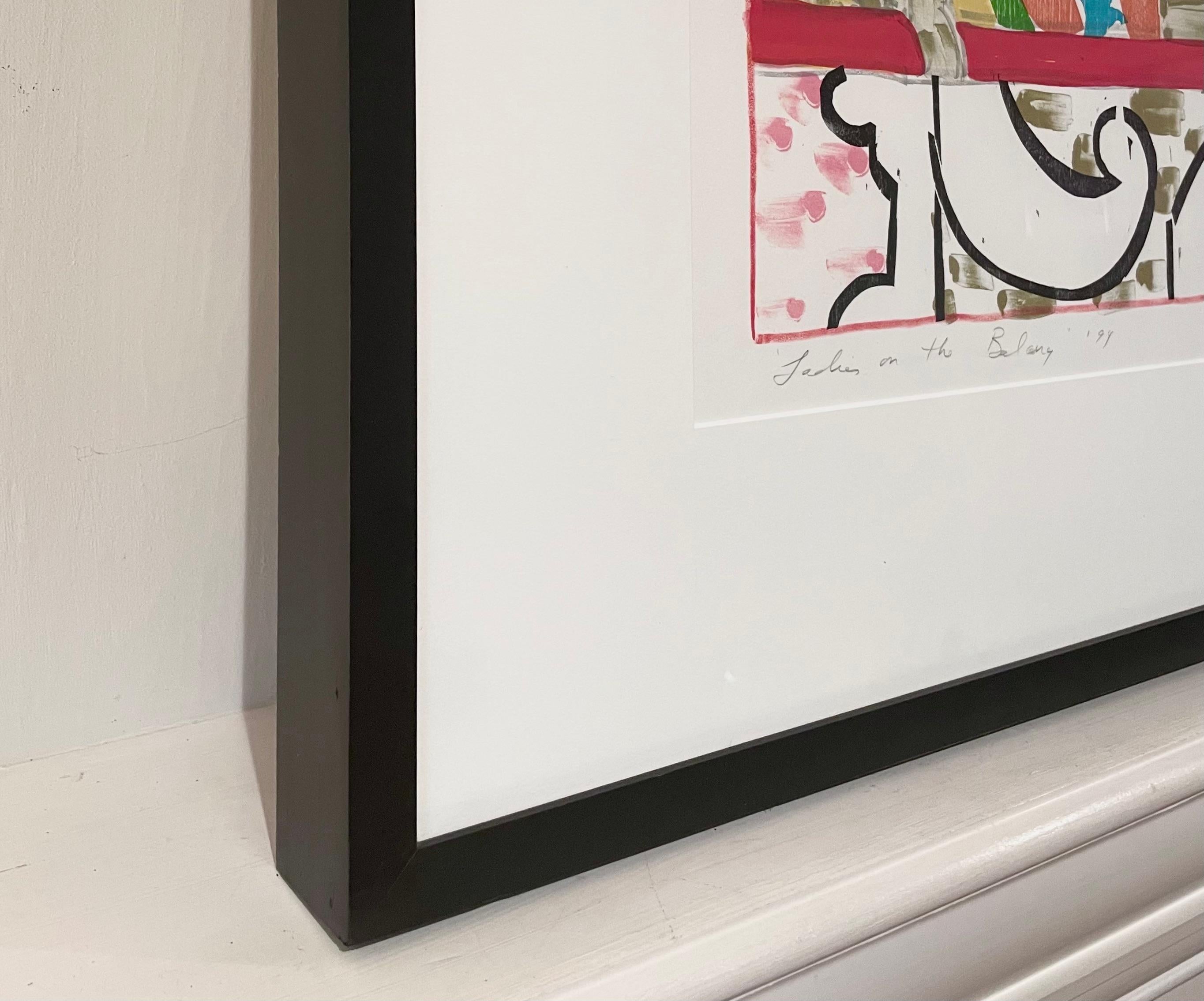 This is a rare large-scale framed abstract woodcut / lithograph, #5/30, by celebrated artist Betty Woodman. It depicts the colorful, abstracted forms of three Japanese ceramic vases in an architectural setting. It comes framed in a narrow,