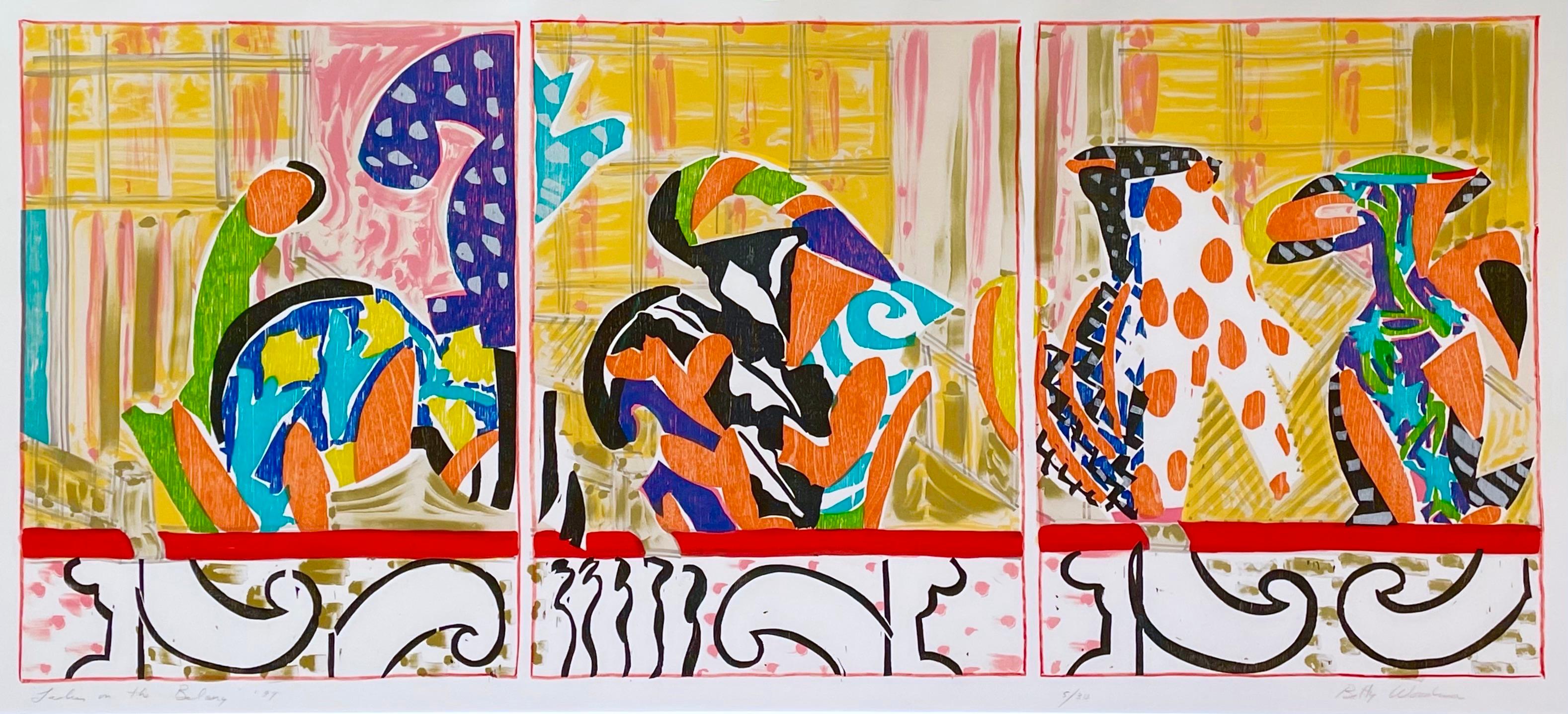 Betty Woodman Abstract Print - Ladies on the Balcony: abstract print of Japanese ceramic vases in architecture