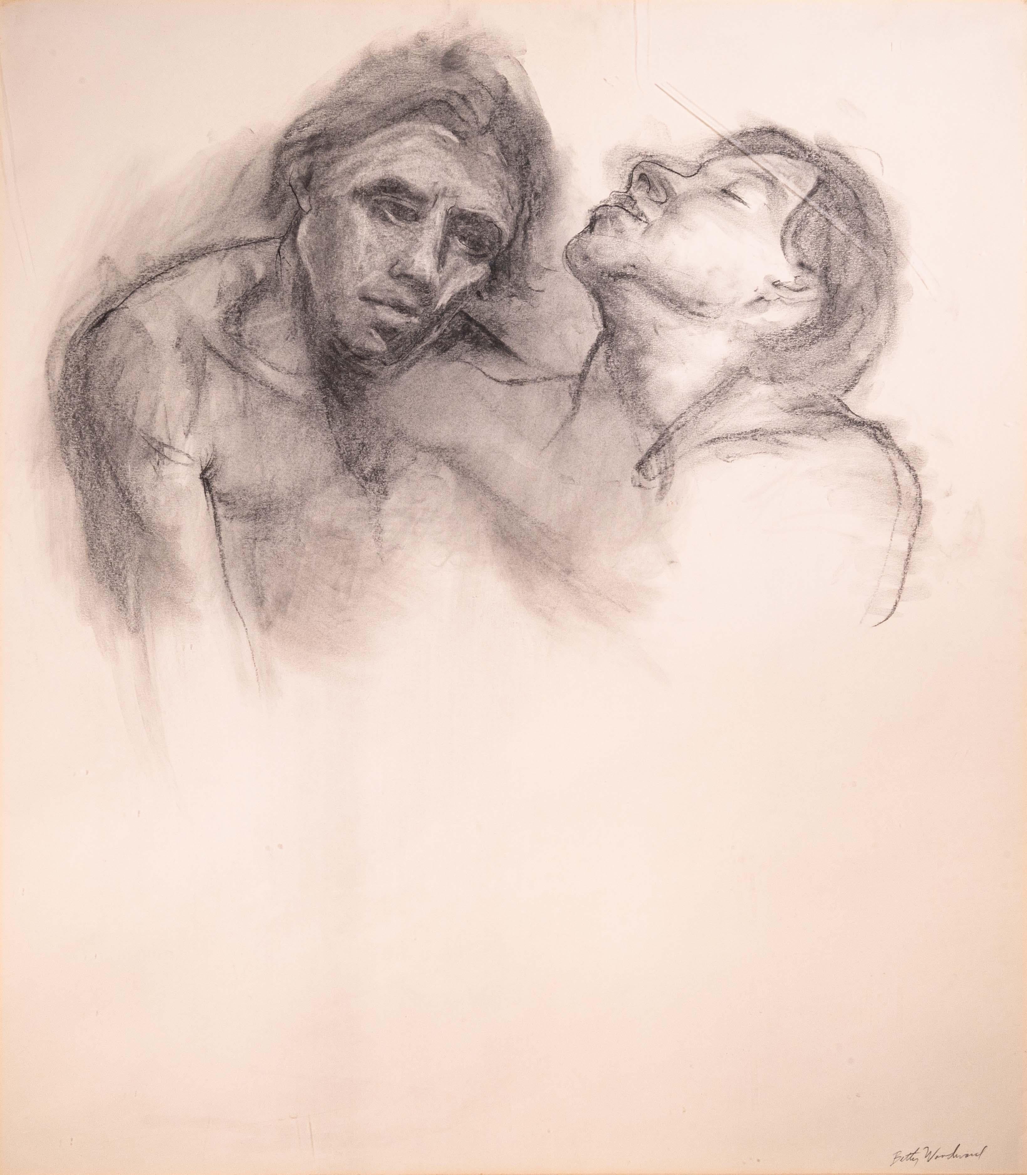Un dibujo figurativo moderno con grafito y carboncillo sobre papel de la artista de Detroit Betty Woodward-Bosley. Creado hacia los años 60 en el Colegio de Estudios Creativos (CCS) de Detroit. Firmado en el reverso y en la esquina inferior derecha.