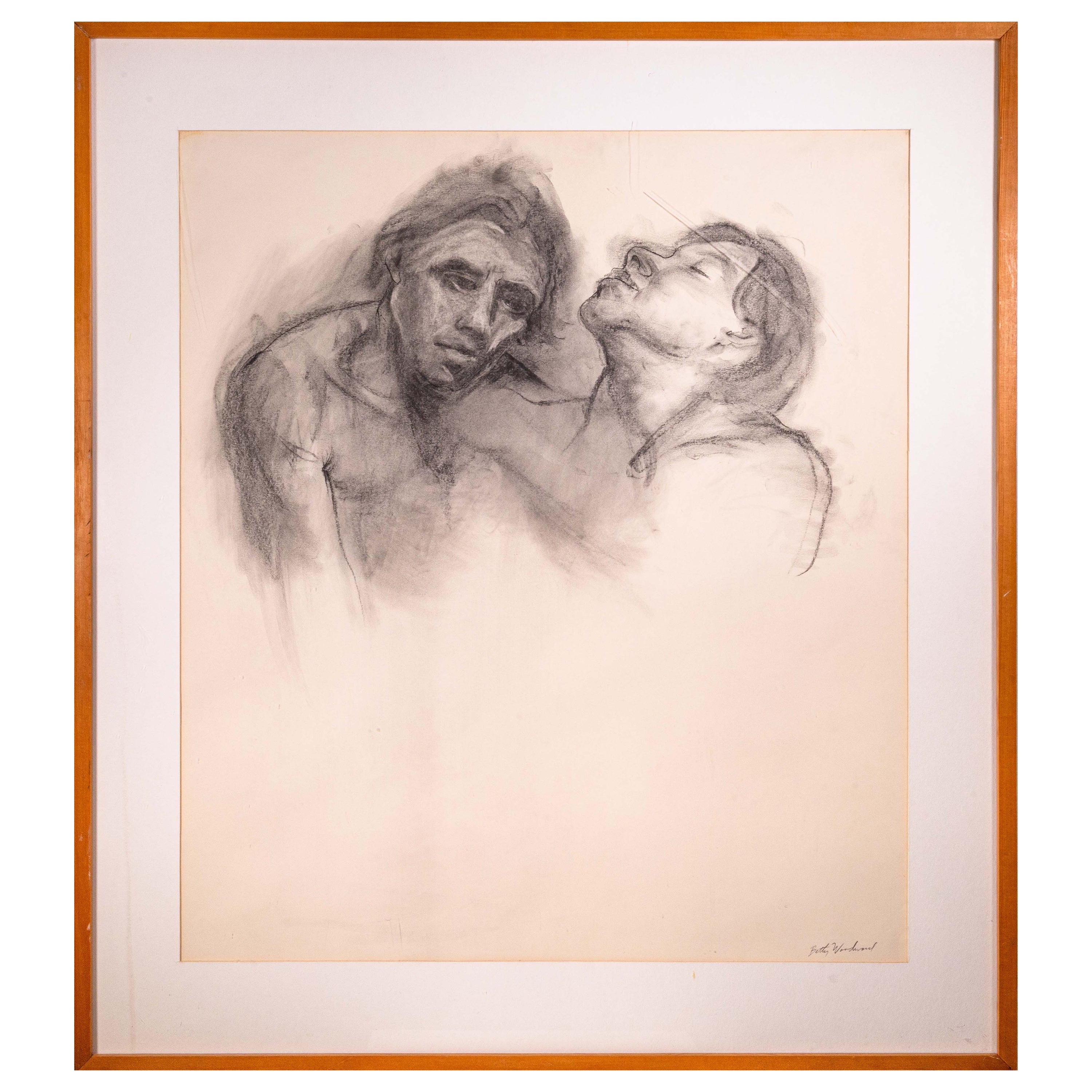 Betty Woodward-Bosley 2 Figures Signed Modern Figurative Drawing on Paper Framed